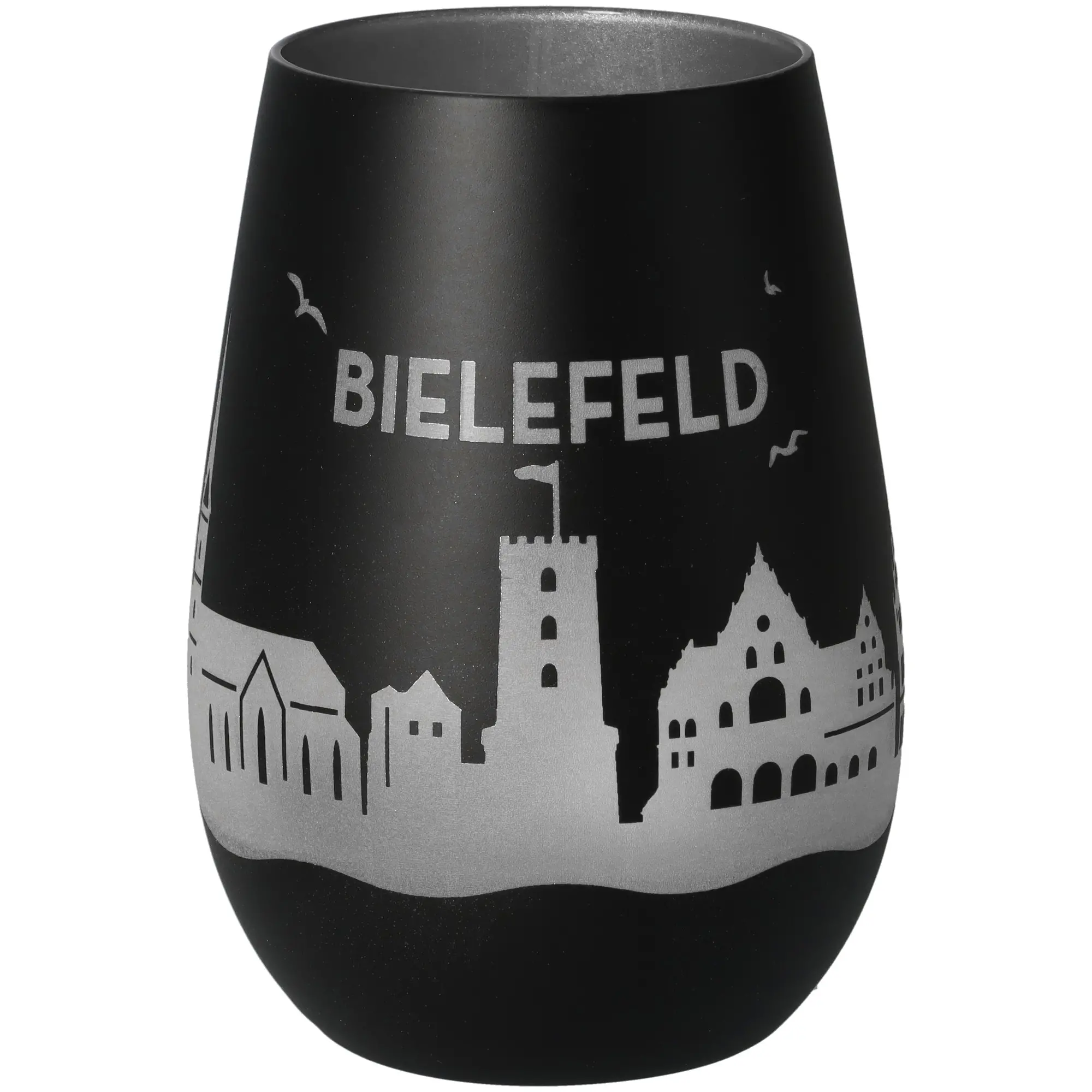 tumbler, glas, schwarz, stadtsilhouette, metallischer print