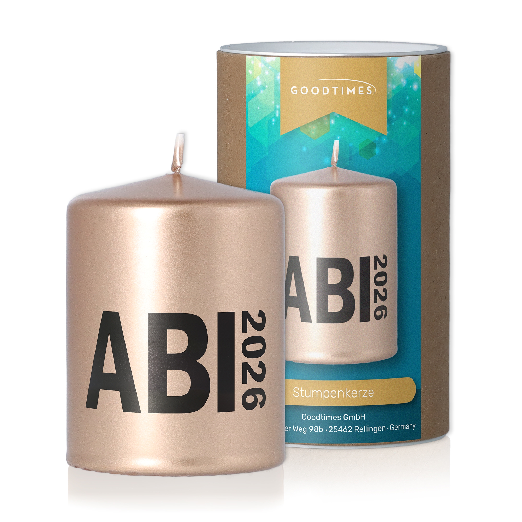 Stumpenkerze Metallic Kupfer "ABI 2026" Kerze