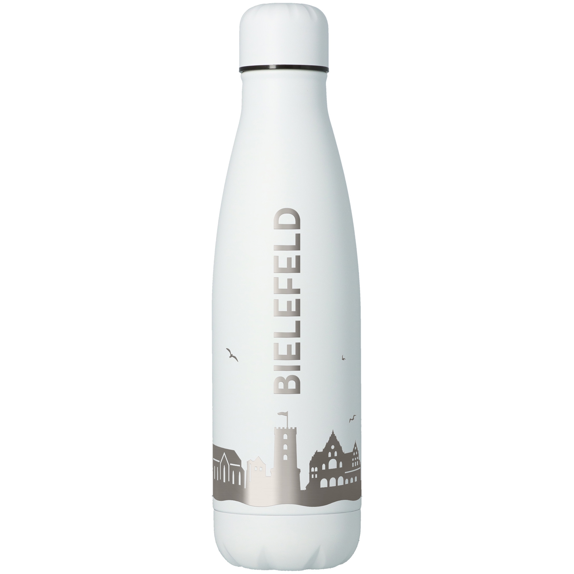 Stainless steel bottle, Thermal bottle, White bottle, Stadt-Skyline Grafik, Verschlusskappe