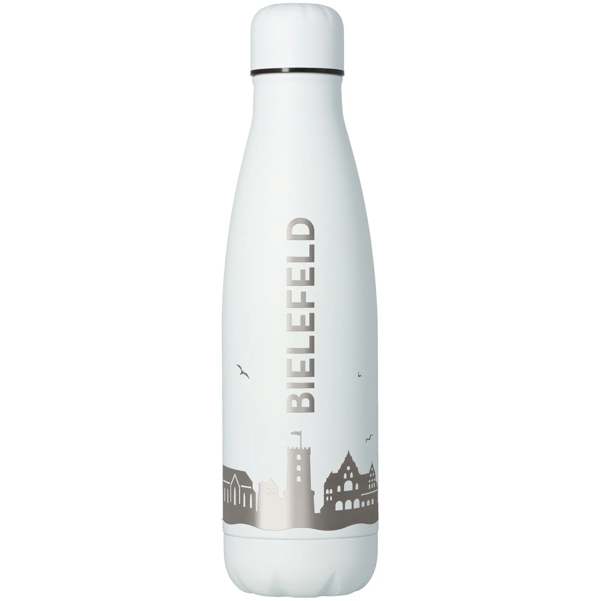 Stainless steel bottle, Thermal bottle, White bottle, Stadt-Skyline Grafik, Verschlusskappe