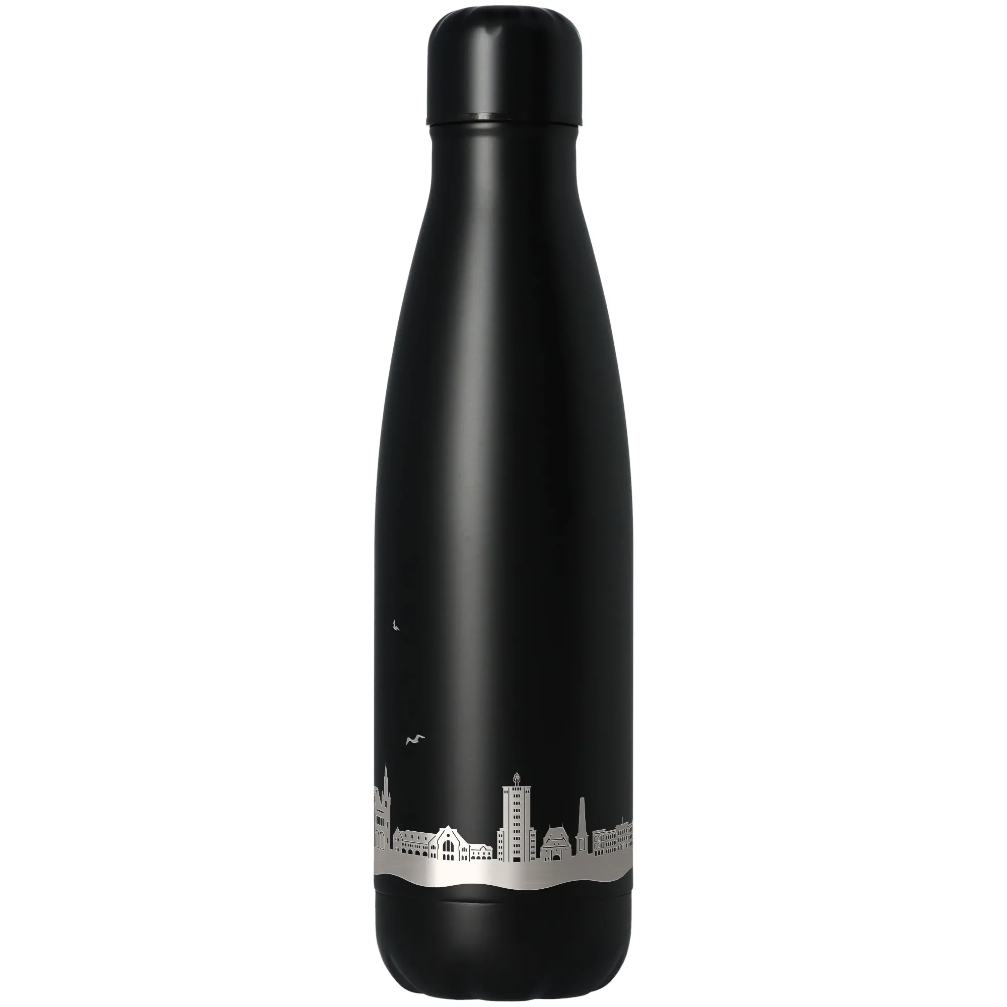 flasche, isolierteflasche, stahl, schwarz, stadtskyline