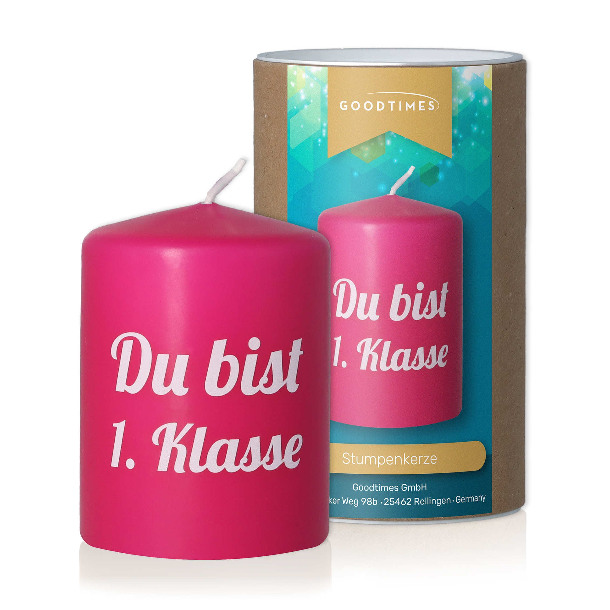 Stumpenkerze Pink "Du bist 1. Klasse" Kerze