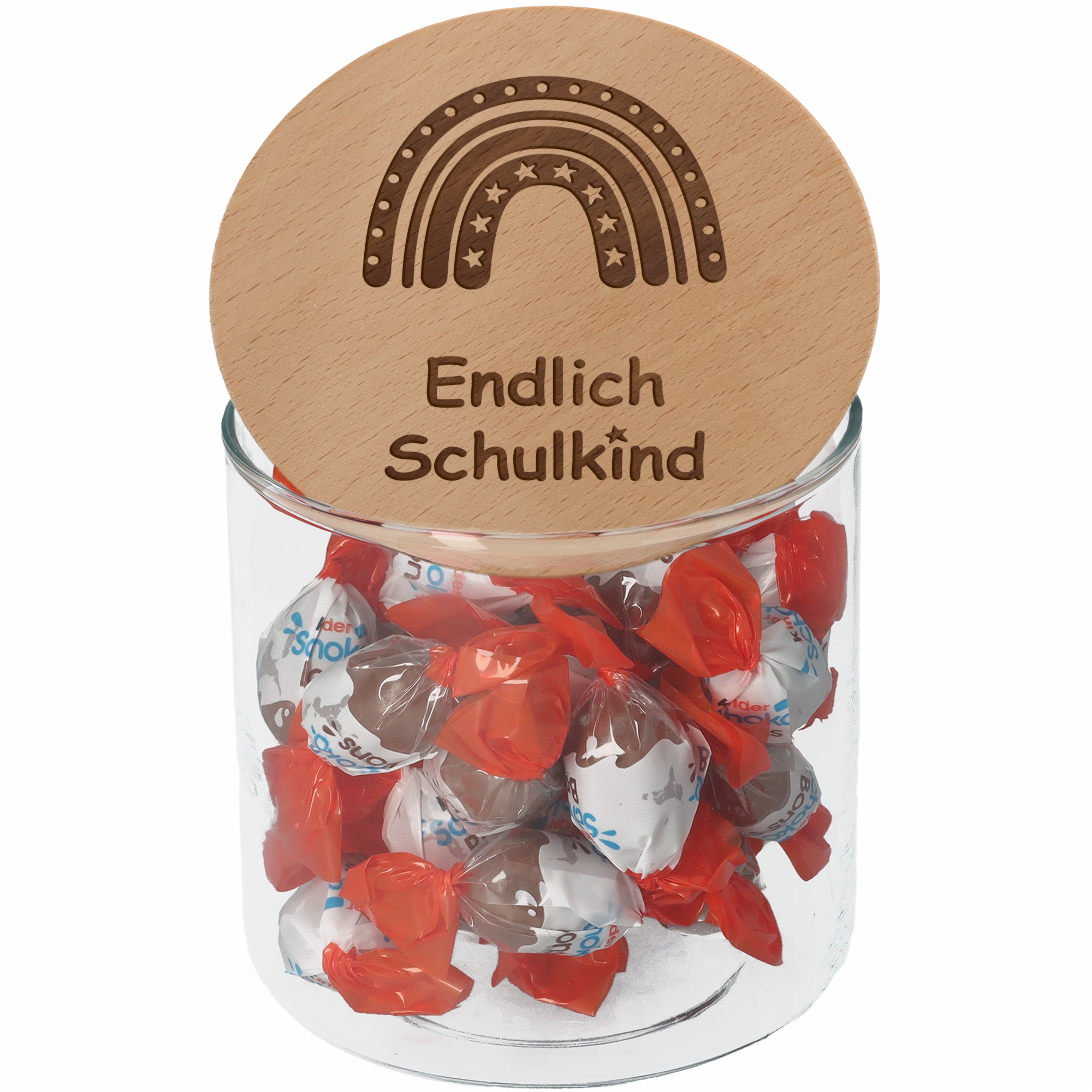 Geschenkglas "Endlich Schulkind" Regenbogen mit Sternen