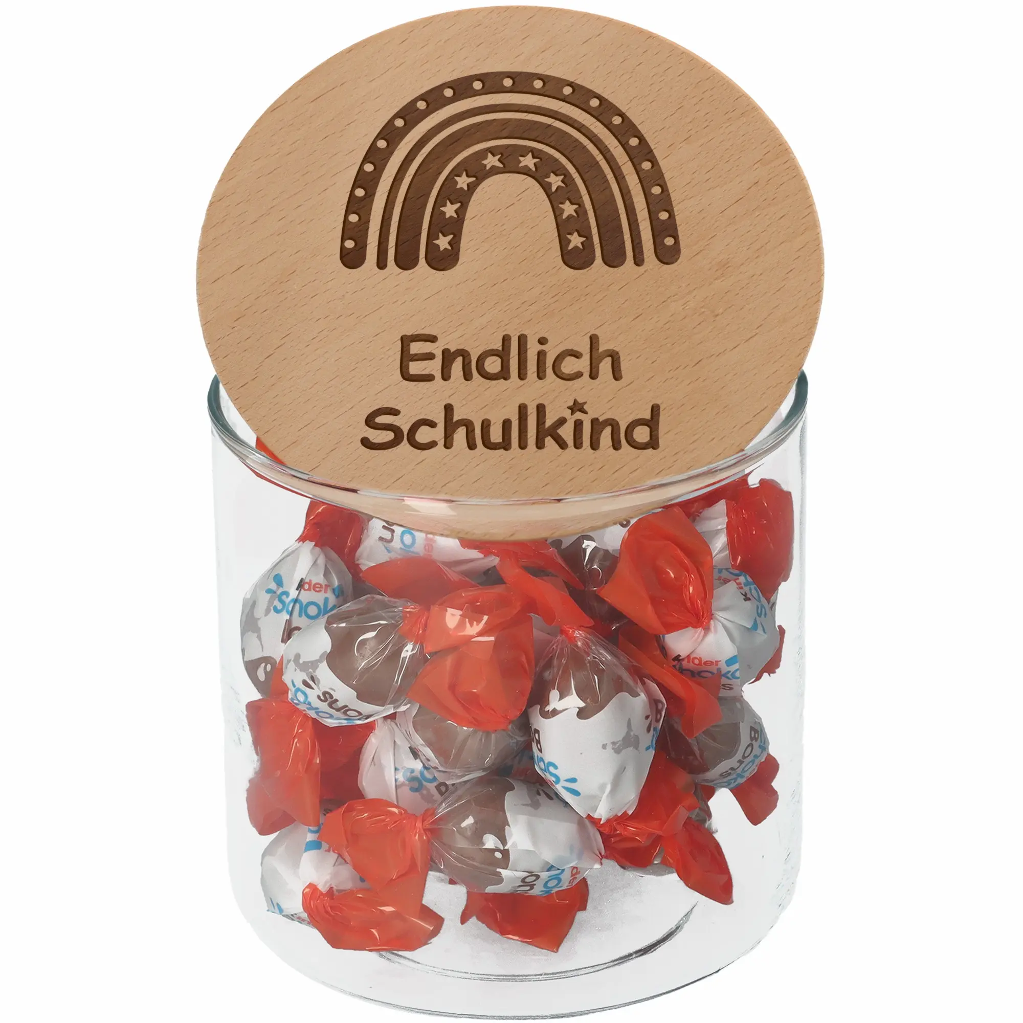 Geschenkglas "Endlich Schulkind" Regenbogen mit Sternen