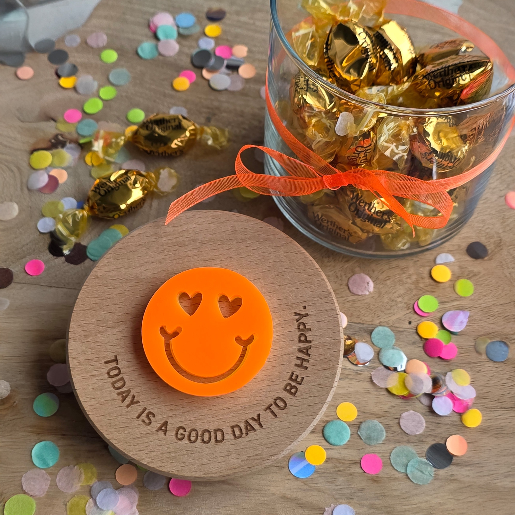 Geschenkglas "GOOD DAY" Neonorange Essen, Süßigkeiten