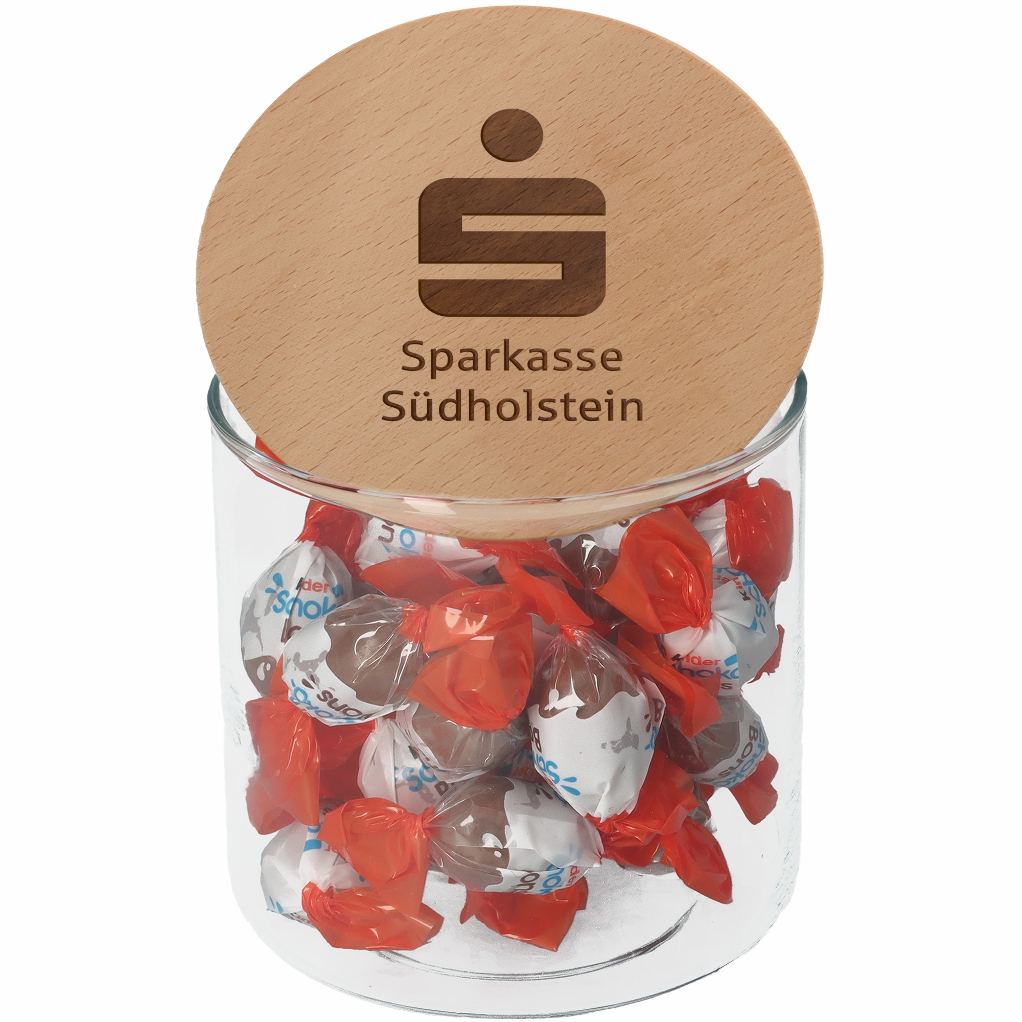 Glasbehälter, Keksbonbons, Lutschbonbons, Karamellbonbons, Holzdeckel