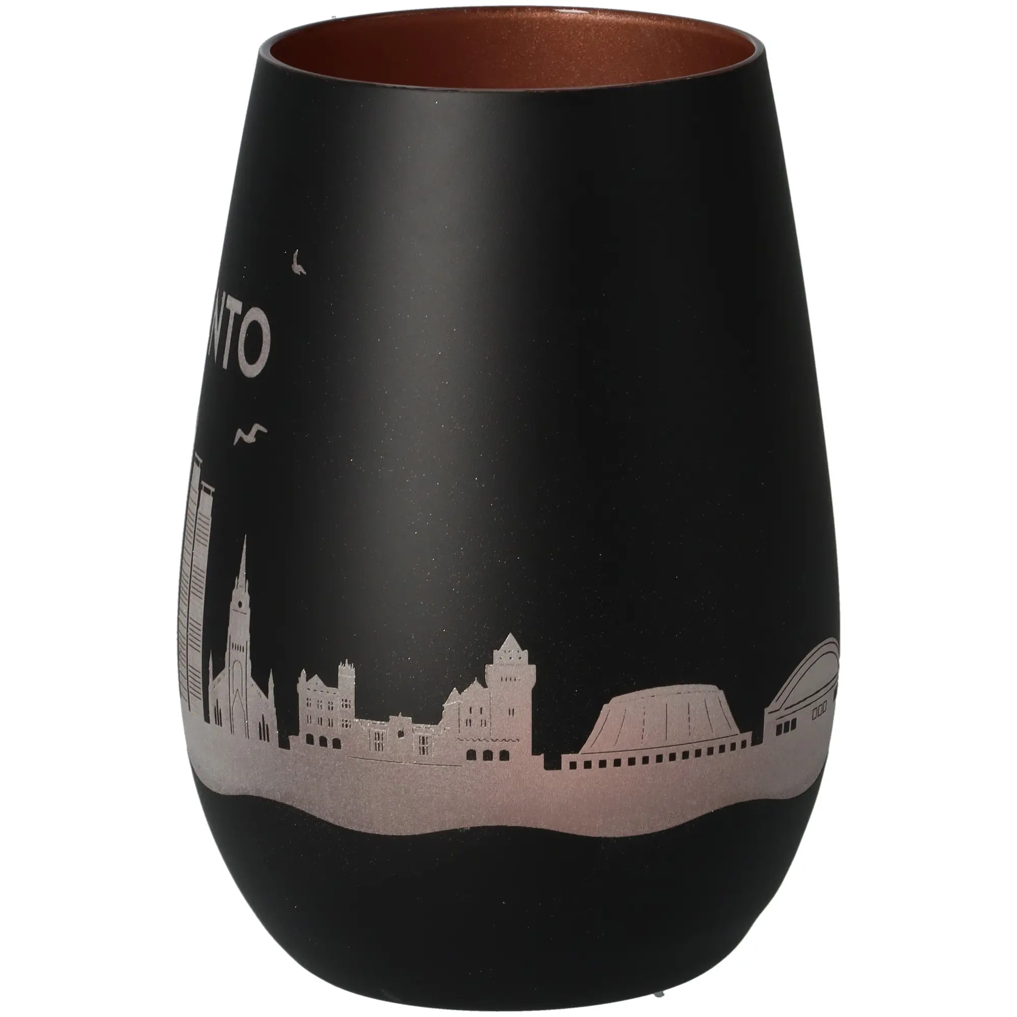 Vase, schwarze Vase, Stadt-Silhouette, metallischer Akzent, Nacht-Skyline