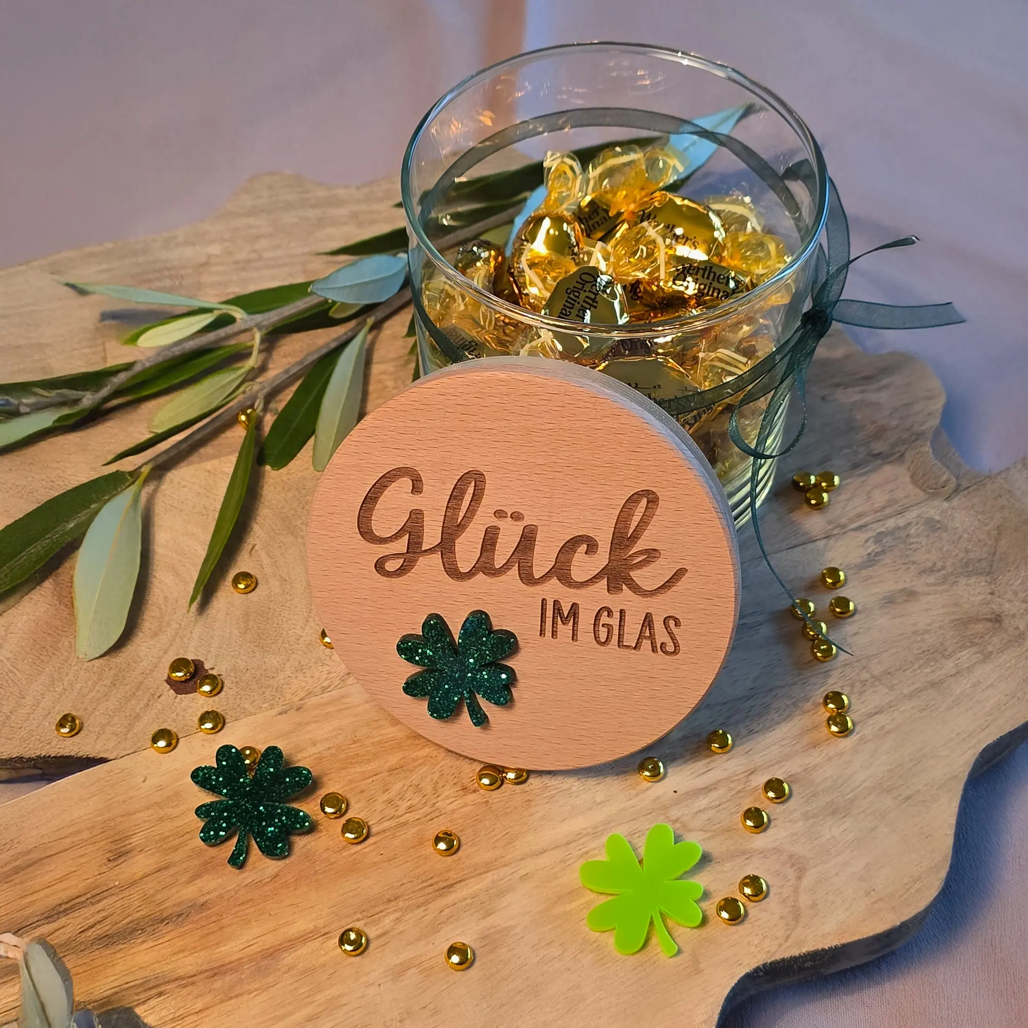 Geschenkglas "Glück im Glas" Glitzergrün