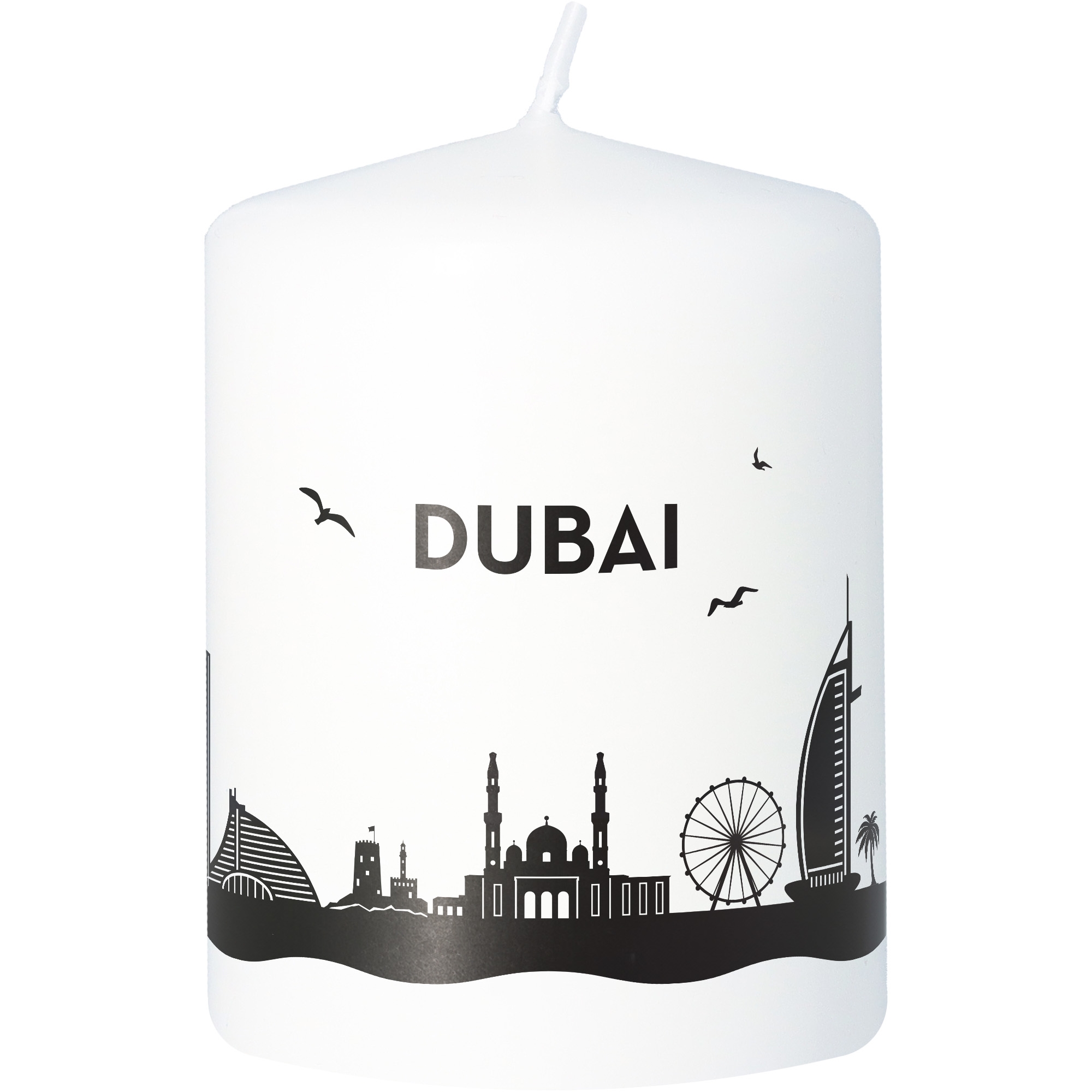 Stumpenkerze Skyline Dubai Tier, Vogel, Maschine, Rad, Kerze