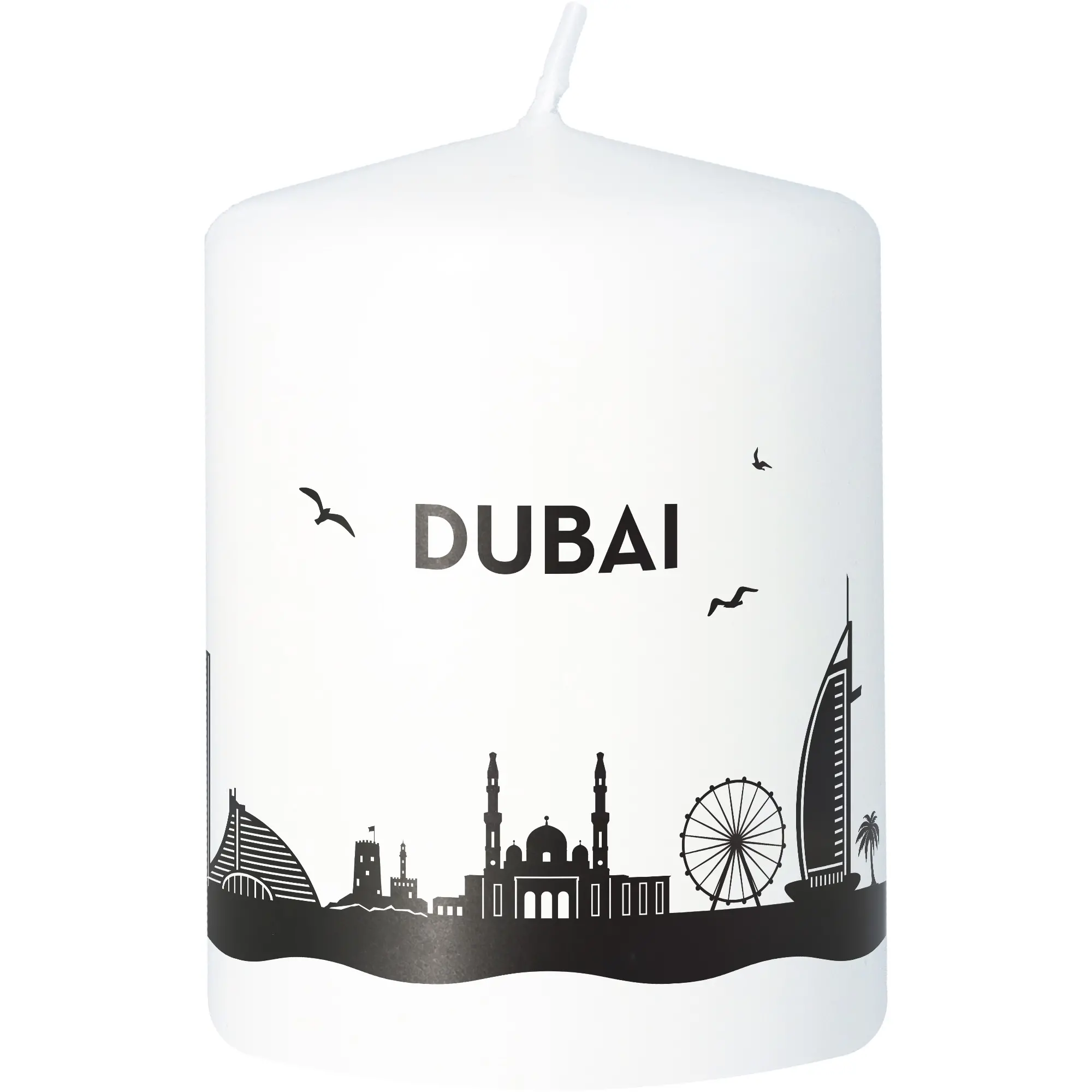 Stumpenkerze Skyline Dubai Tier, Vogel, Maschine, Rad, Kerze