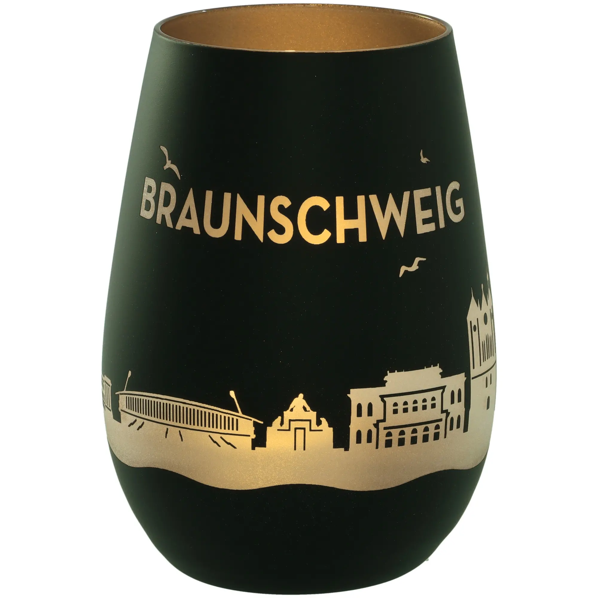 vase, glossy black, gold silhouette, cityscape, Braunschweig