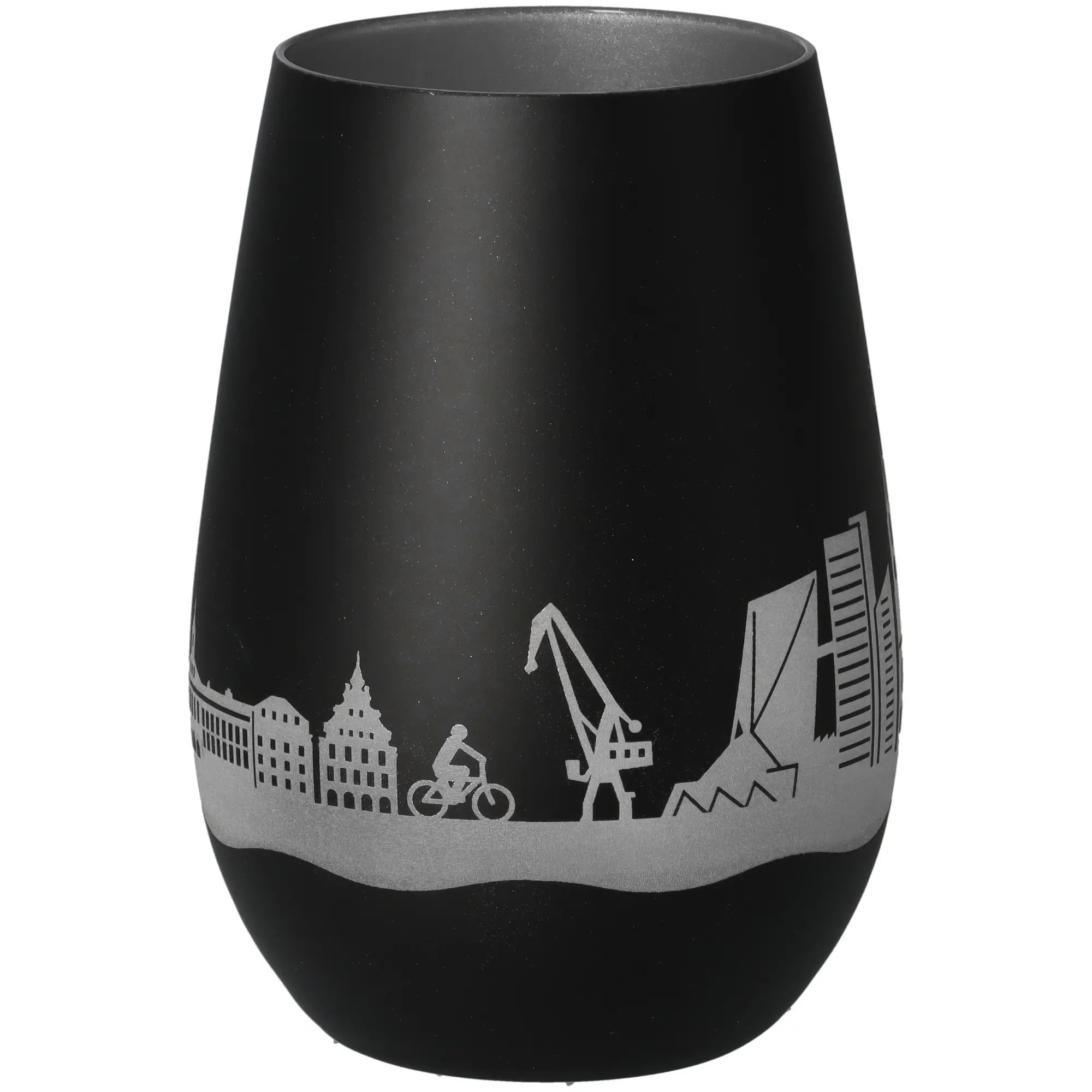Vase, schwarze Vase, Stadt-Silhouette, Kran-Motiv, matte Oberfläche