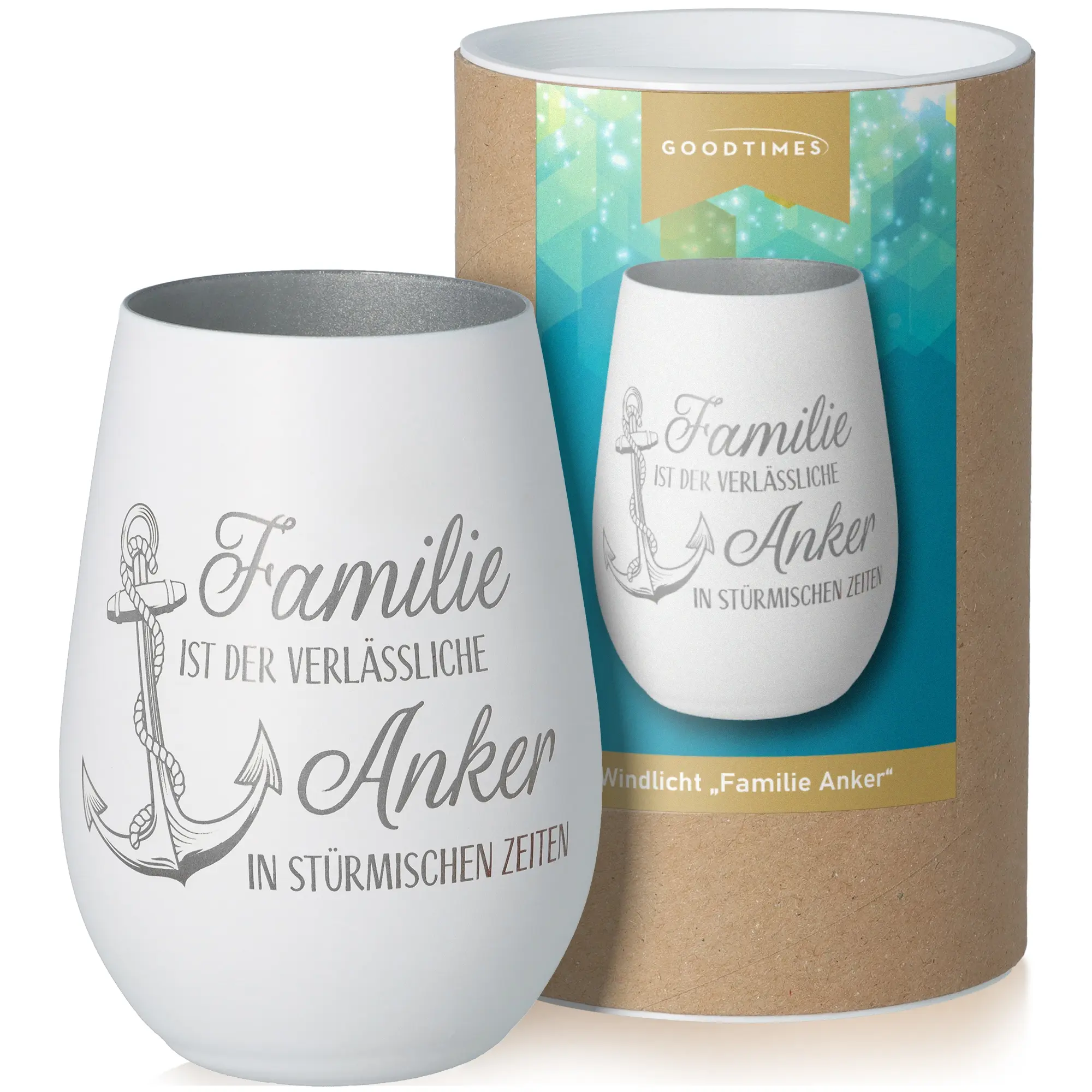 Windlicht Familie Anker Weiß/Silber