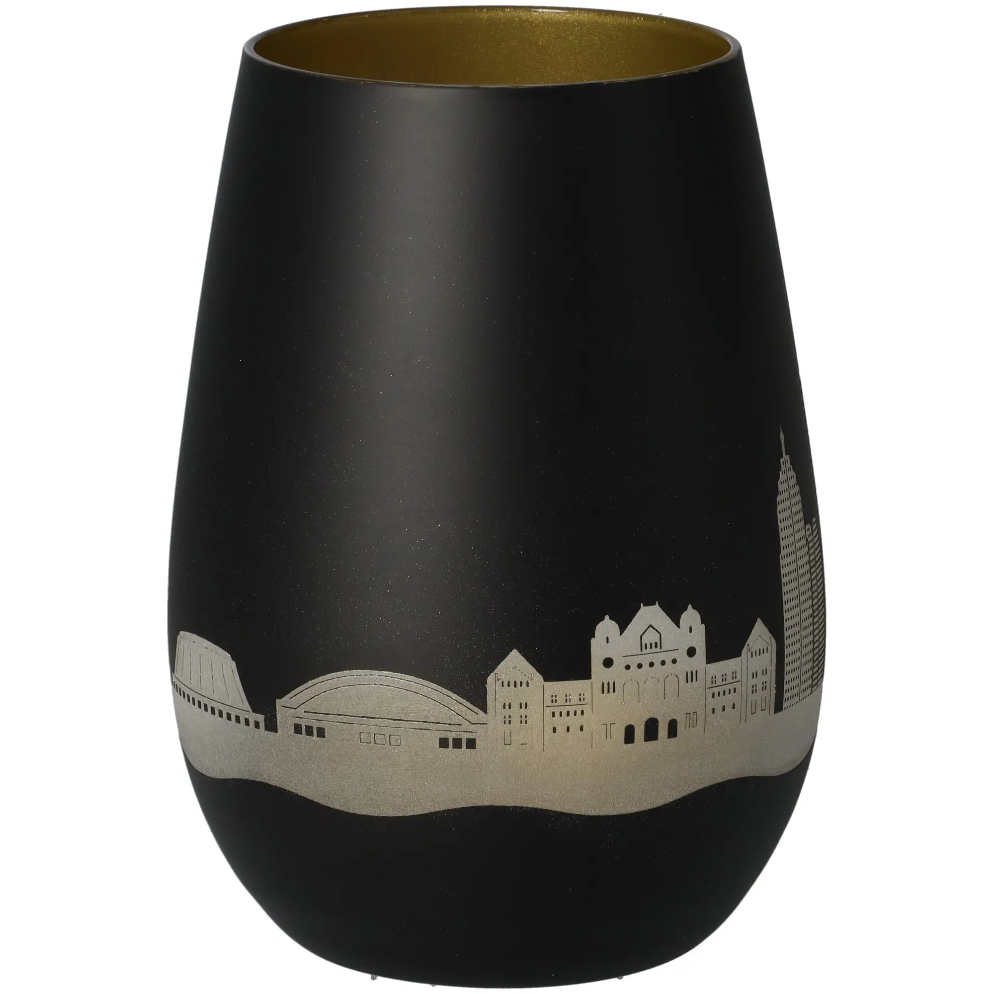 Vase, schwarze Vase, Stadtansicht Skyline, silbernes Muster, matt finish