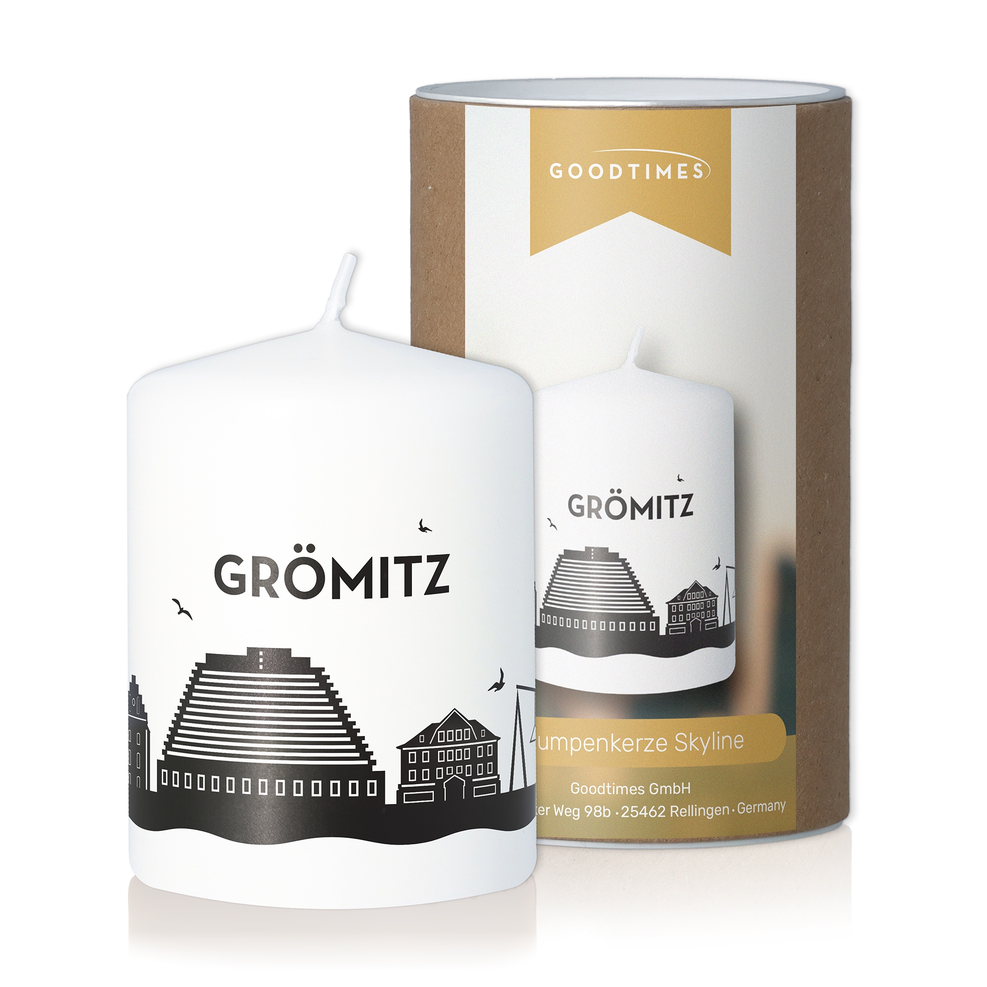 Stumpenkerze Skyline Grömitz Flasche