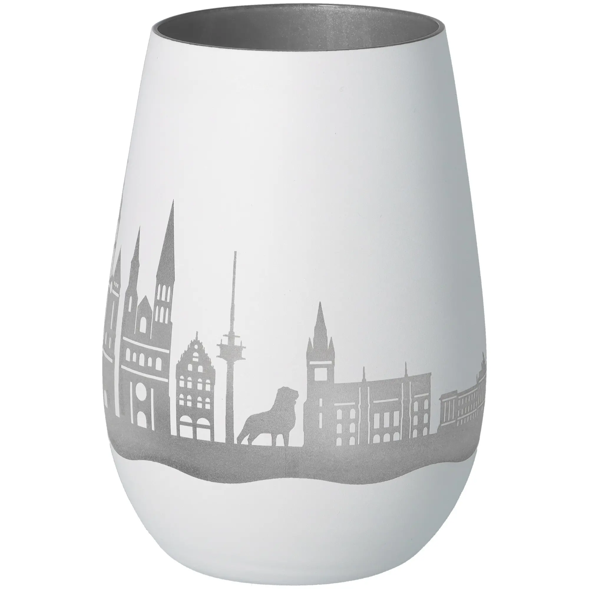 stemmed, vase, weiß, städte skyline, dekoratives muster