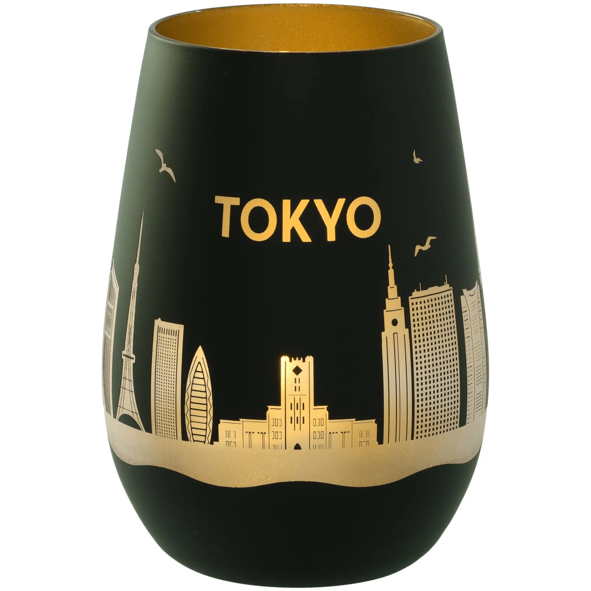 tokio, grün-schwarz, vasen, stadt-silhouette, goldene akzente