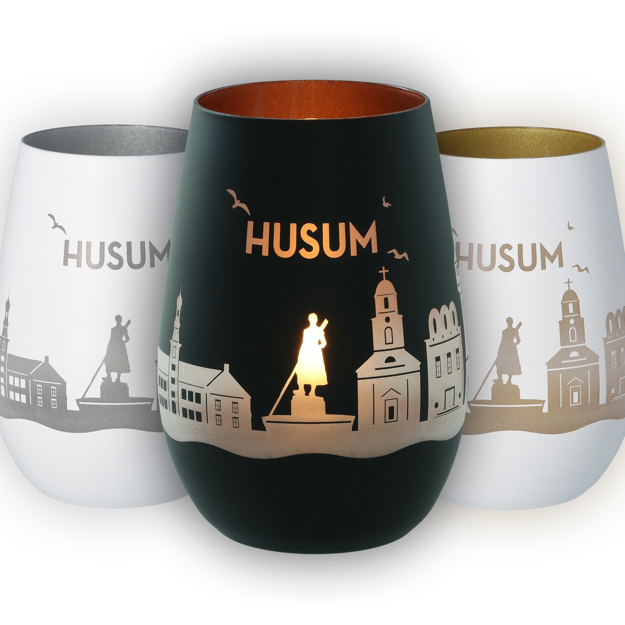 Glaskrug, Städtische Silhouetten, Husum, Lichtkupfer Innenraum, Melierte Farbe