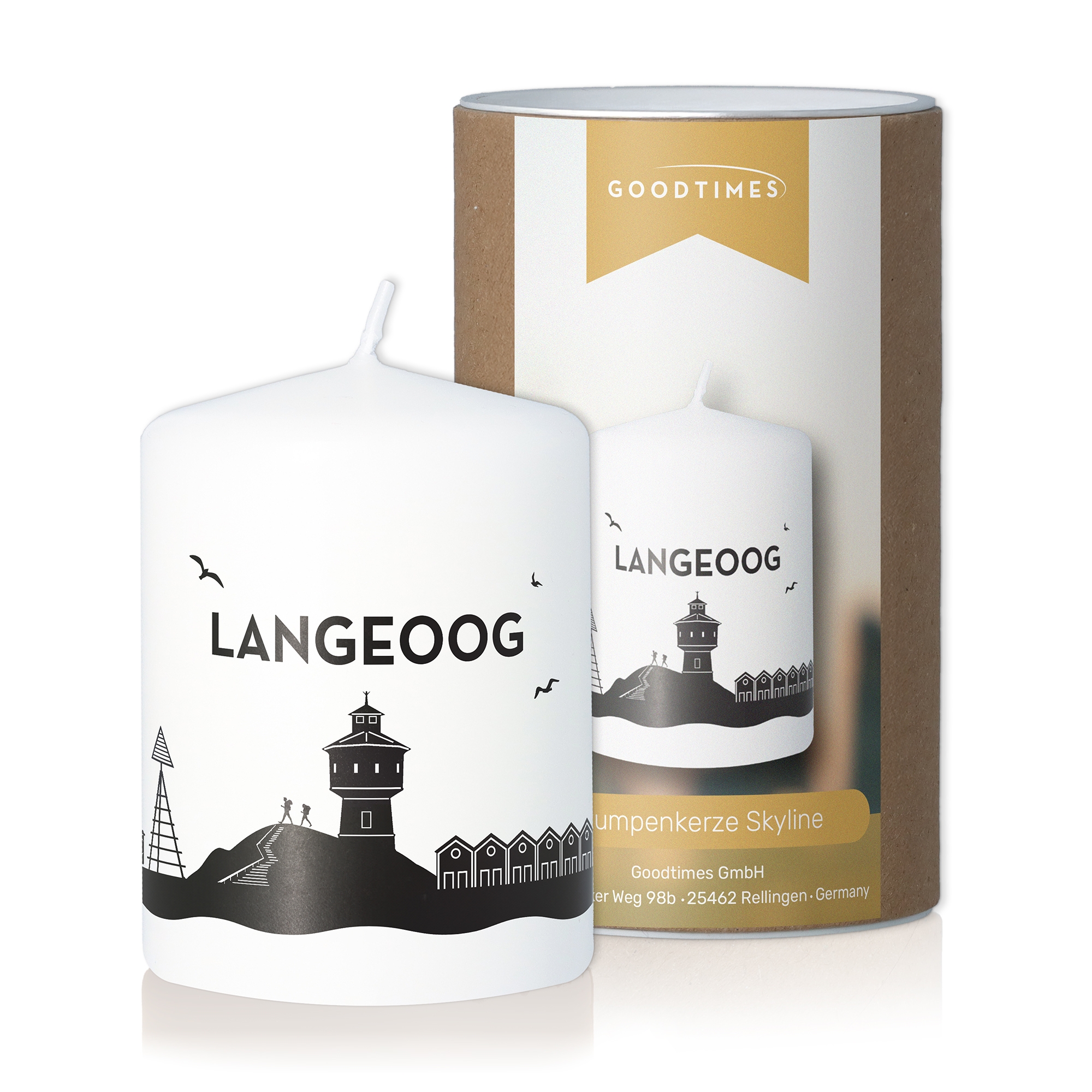 Stumpenkerze Skyline Langeoog Flasche