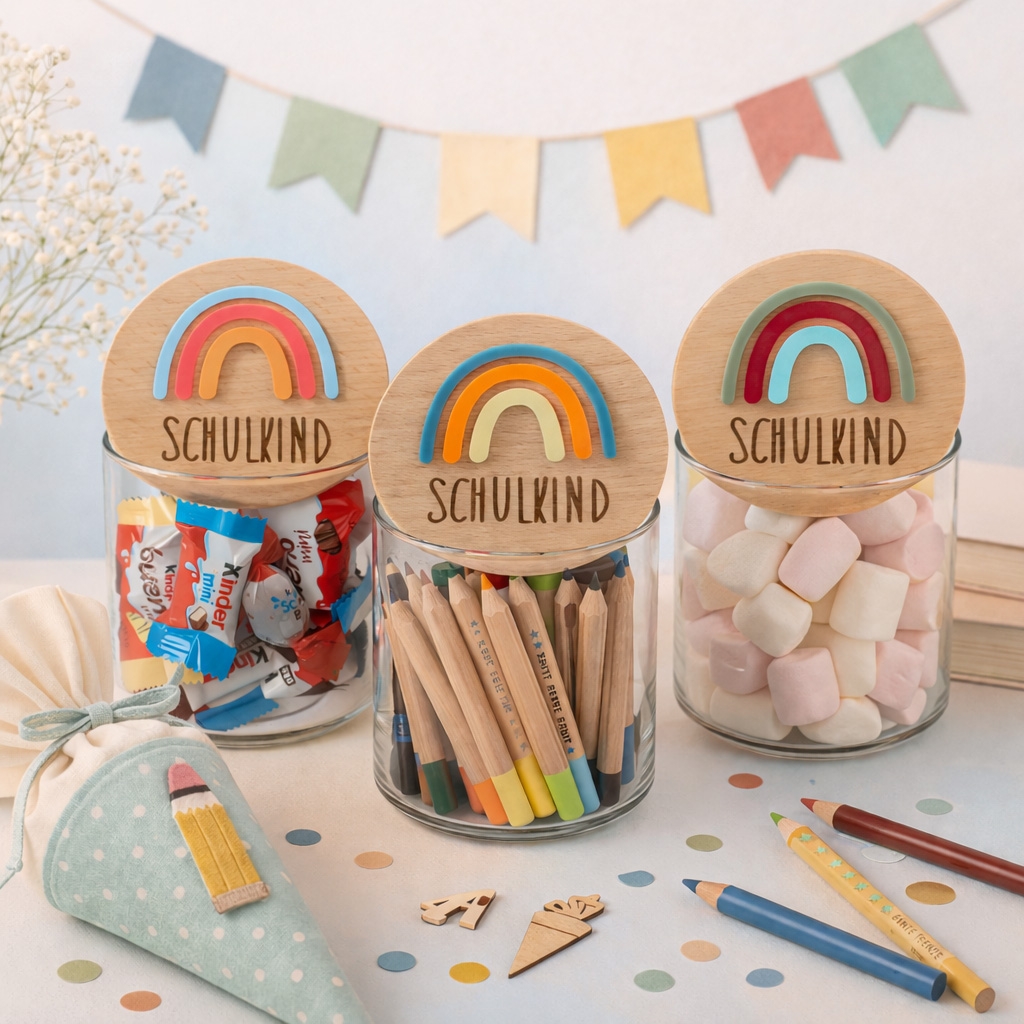 Schulkind, Schultüten-Deko, Konfetti, Buntstifte, Marshmallows