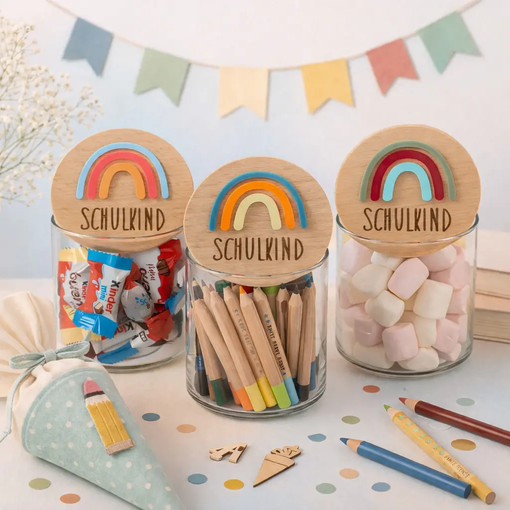 Schulkind, Schultüten-Deko, Konfetti, Buntstifte, Marshmallows