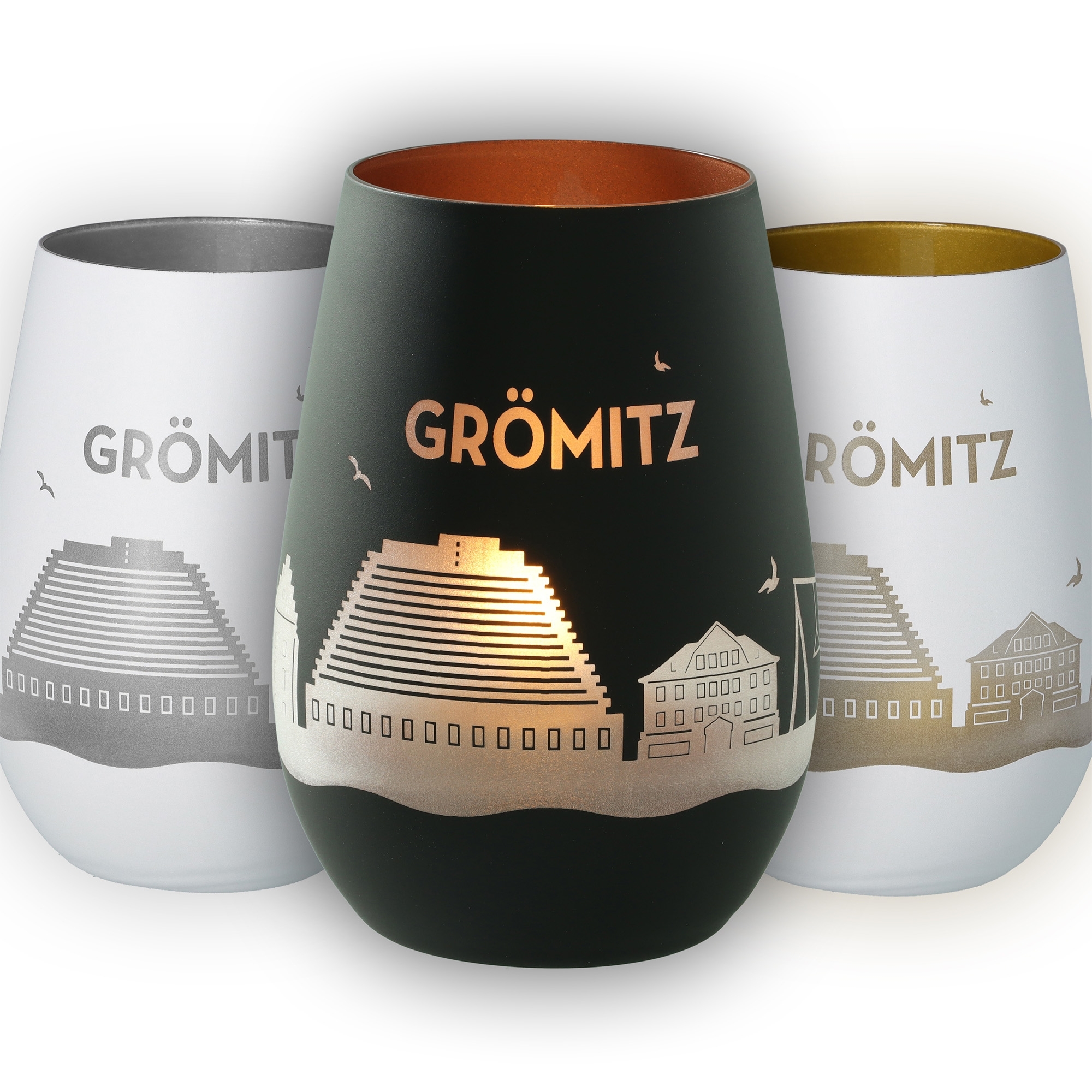 Grömitz, Ufo Glas, Stadtsilhouette, Kuppa-Becher, Muster Metallisch