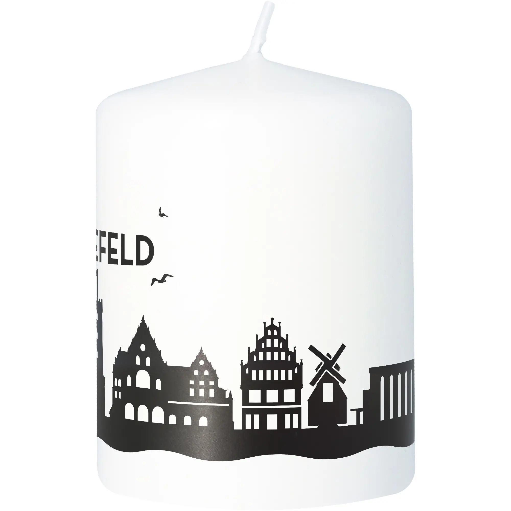  Kerze, Stumpenkerze, weiße Kerze, Stadt-Silhouette, Wohnaccessoire