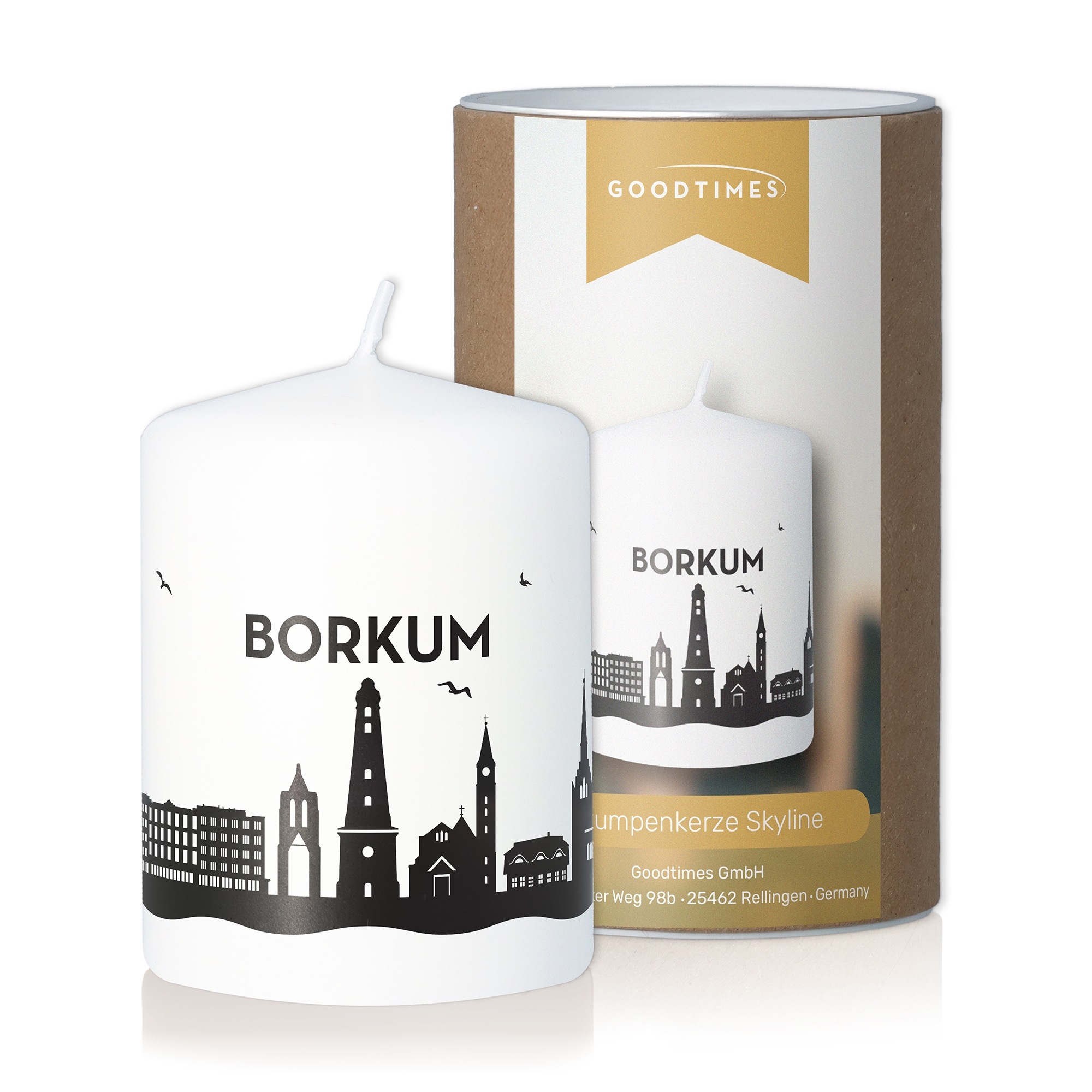 Stumpenkerze Skyline Borkum Flasche