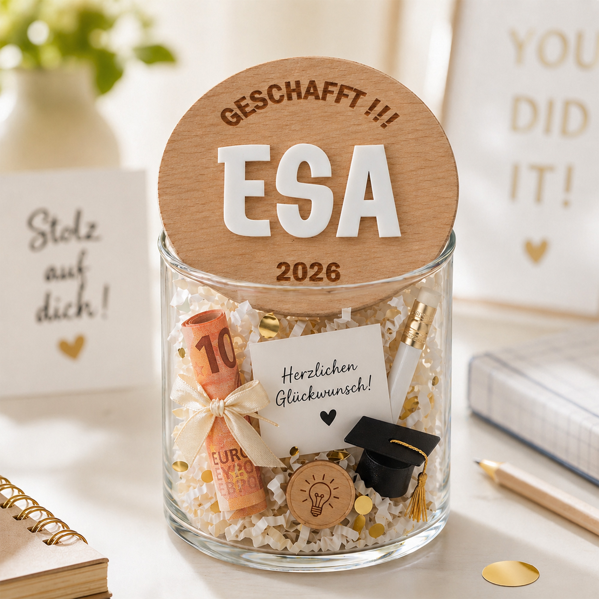 Geschenkbox, ESA 2026, Geldschein, Schreibkugel, Glücksbrief