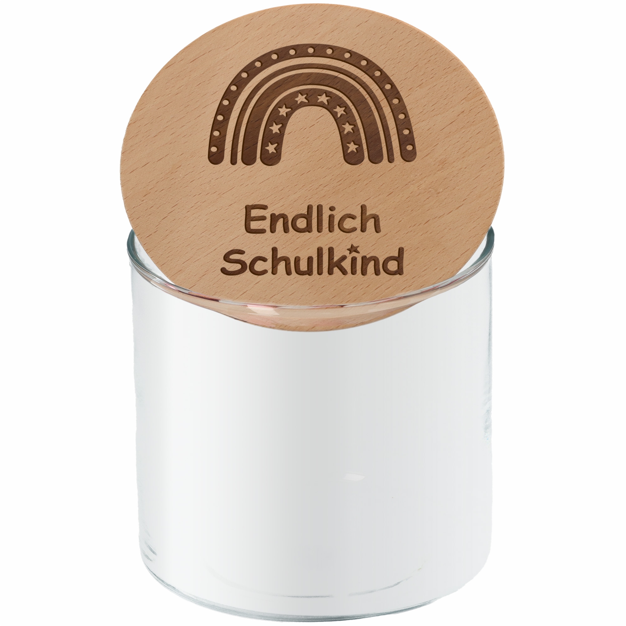 Geschenkglas "Endlich Schulkind" Regenbogen mit Sternen