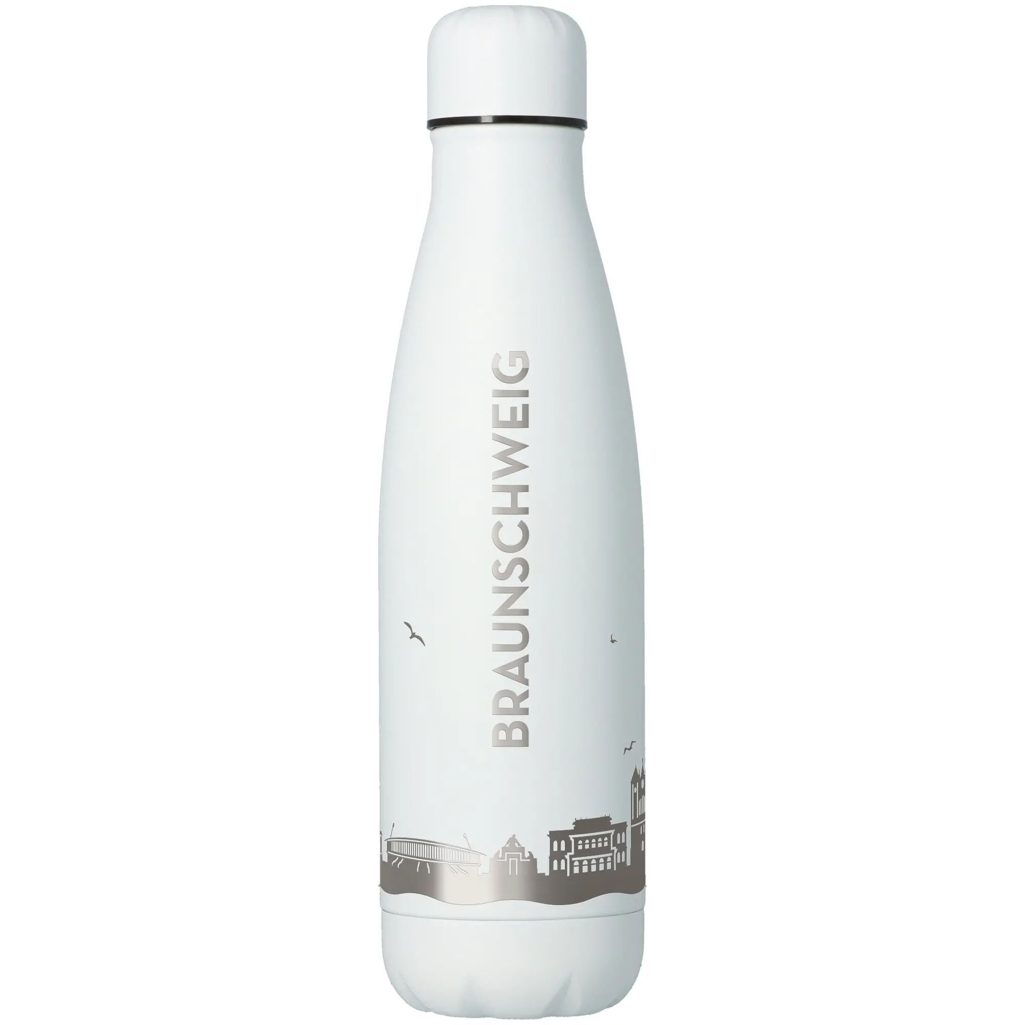 Thermosflasche, Trinkflasche, weiße Flasche, Metallic-Print, Städtisches Motiv