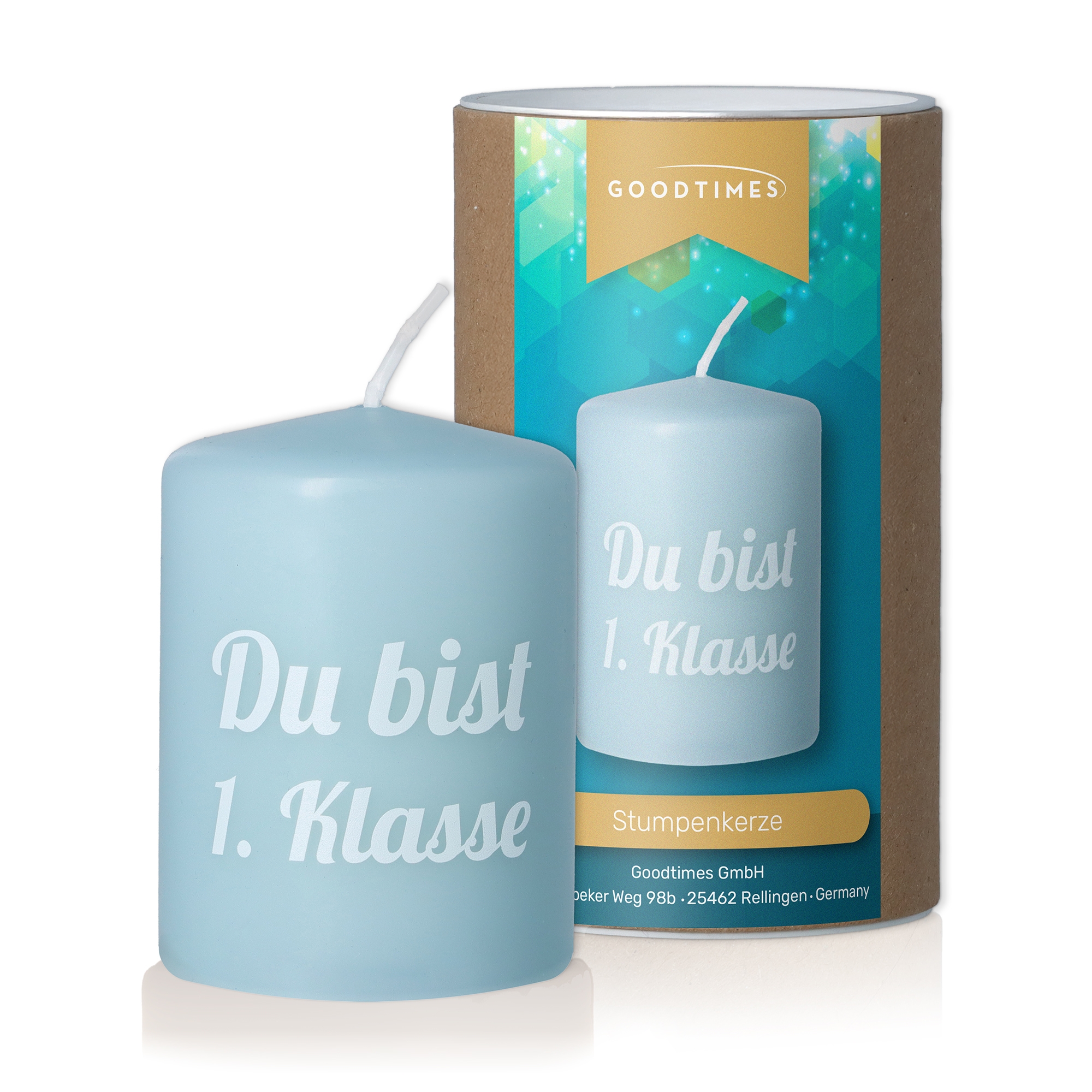 Stumpenkerze Hellblau "Du bist 1. Klasse" Kerze