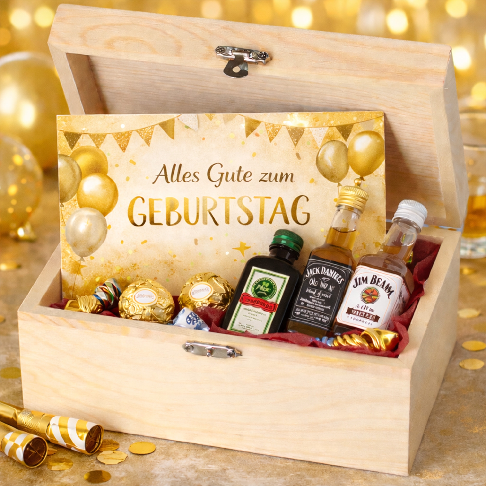Geschenkkorb, Miniatur-Getränke, Whisky/Spirituosen-Set, Goldene Dekoration, Geburtstag