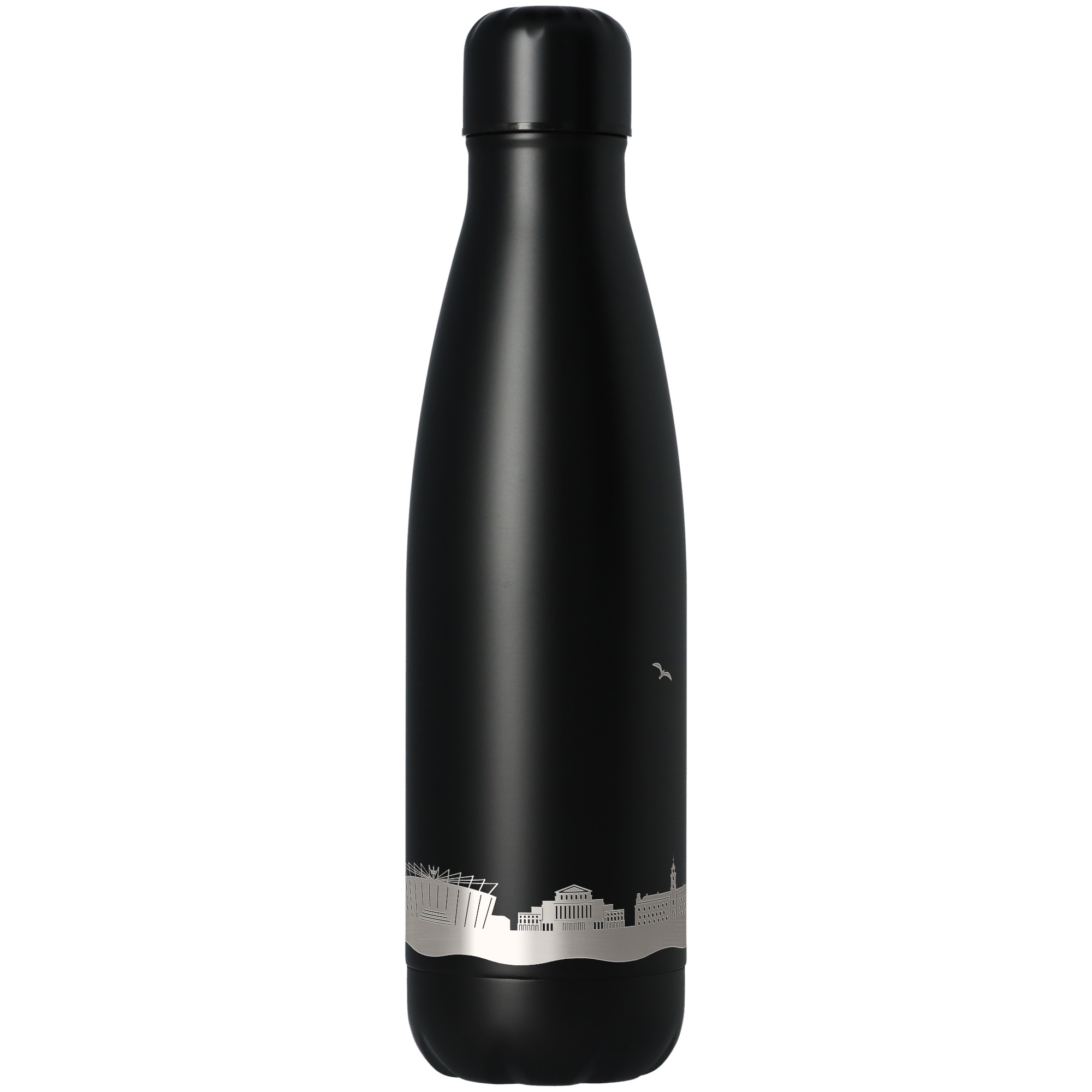 Thermos, Edelstahl, schwarz, Flasche, Stadt-Silhouette