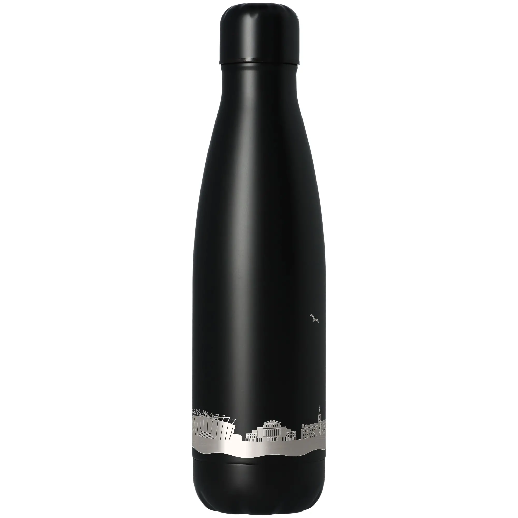 Thermos, Edelstahl, schwarz, Flasche, Stadt-Silhouette