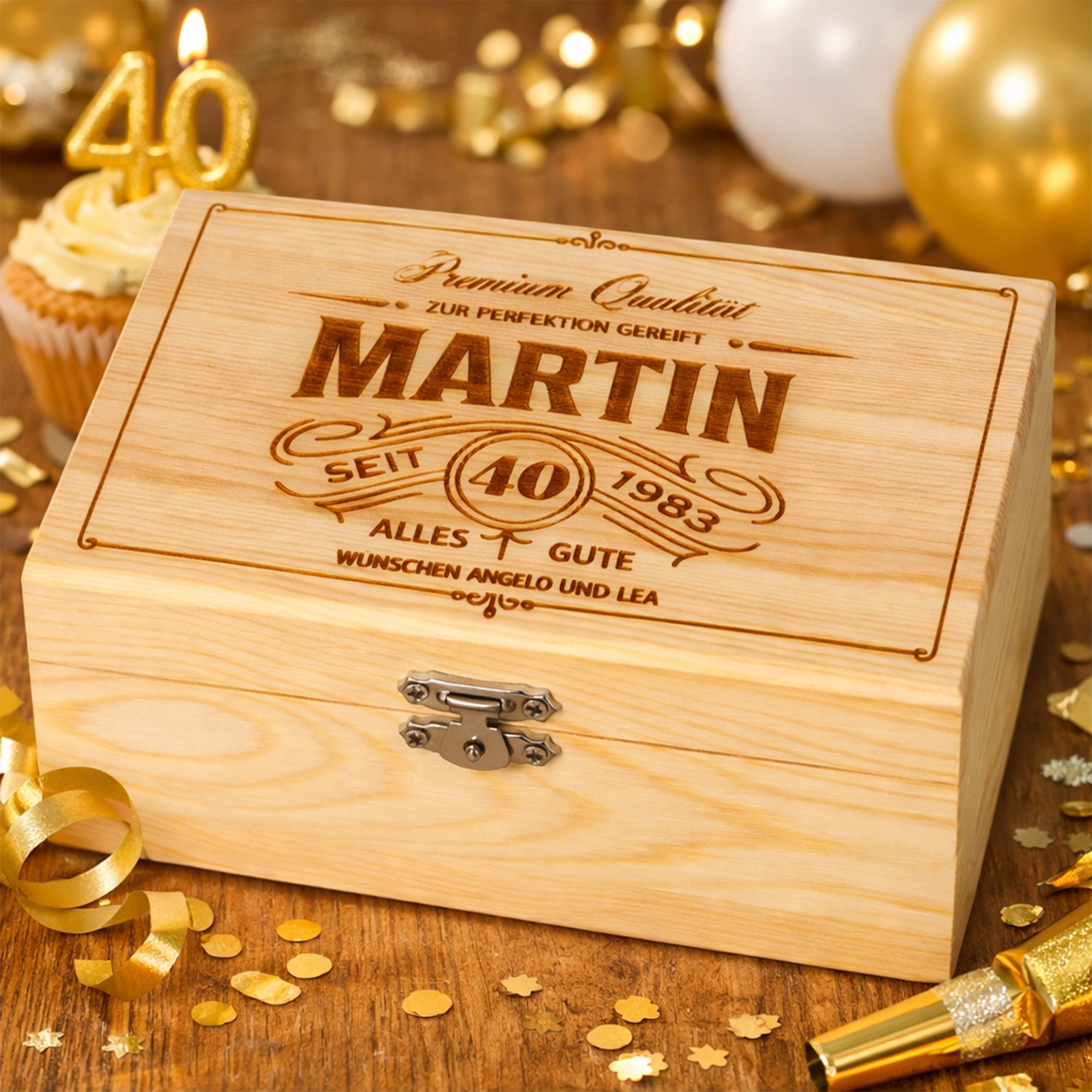 Holzkiste, Holzschatulle, Gravur, 40 Jahre, Geschenkbox