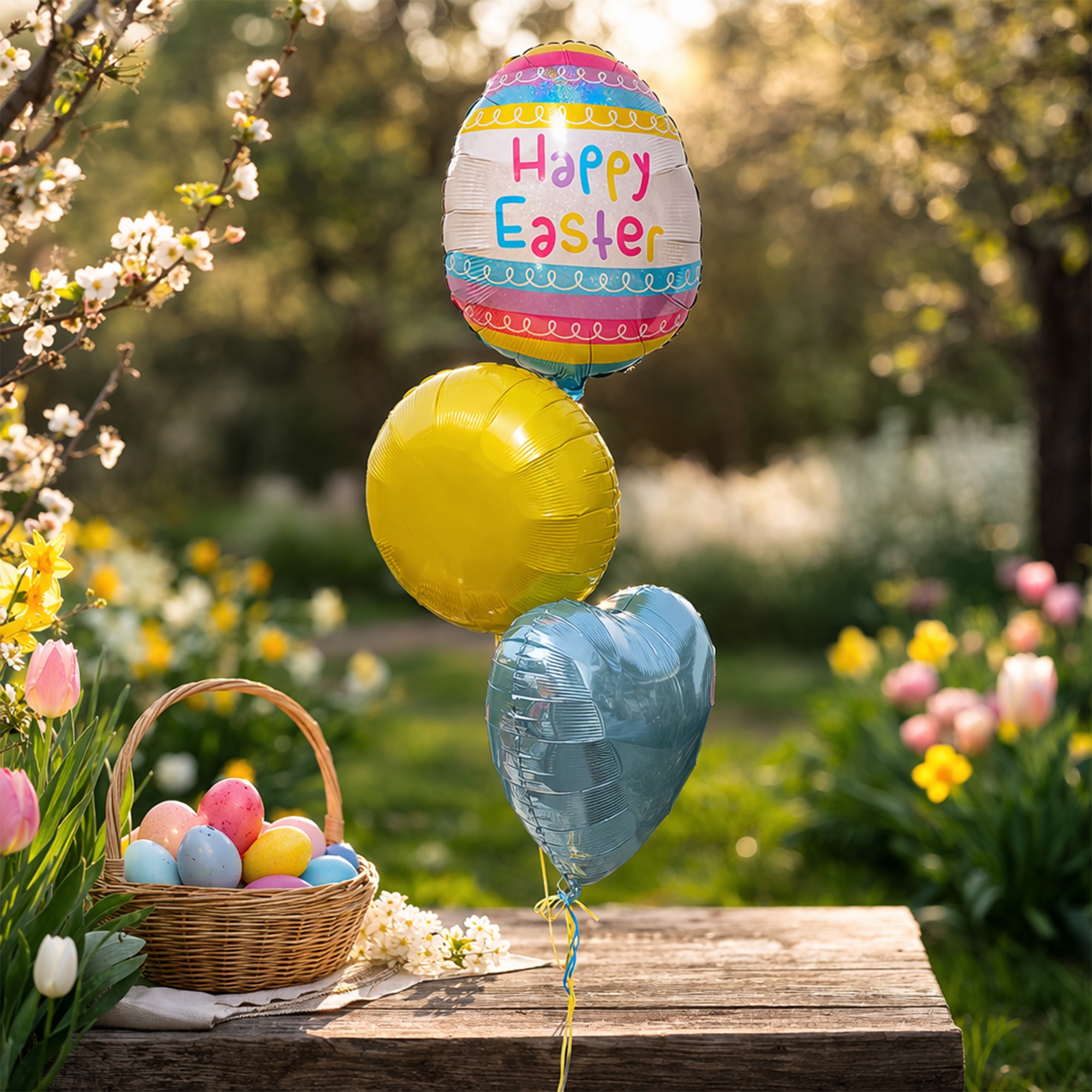 Ostereier, Ballon, Blumenbank, Garten, Frühling