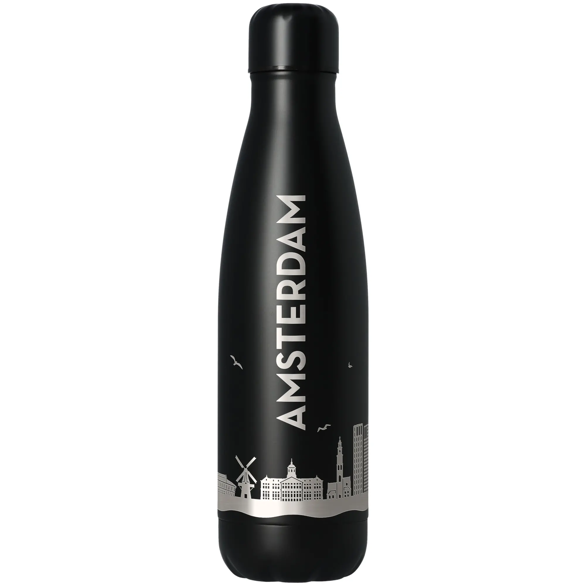 Thermosflasche, Stahl, Matt-schwarz, Städtisches Motiv, Auslaufsicher