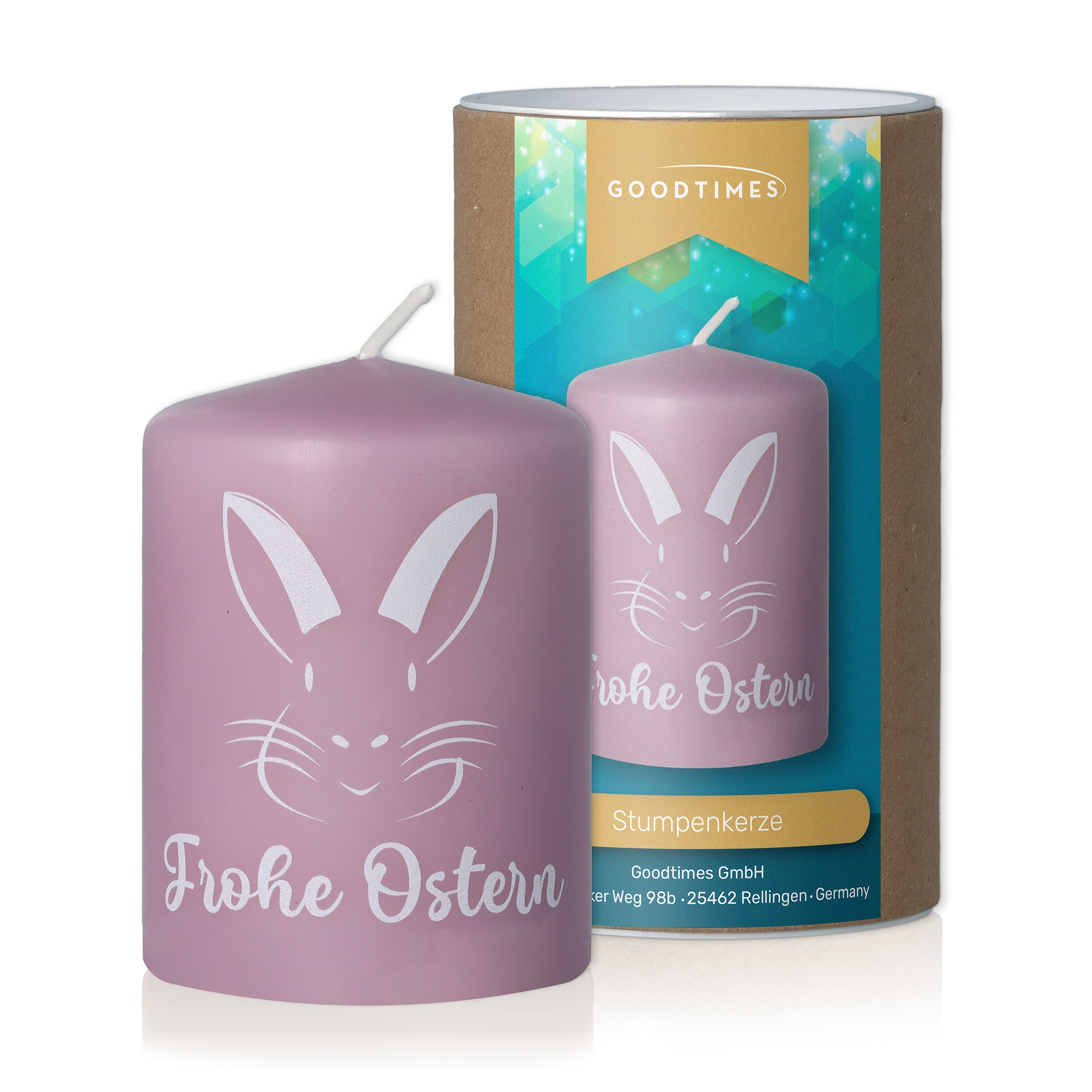 Stumpenkerze Flieder "Frohe Ostern"