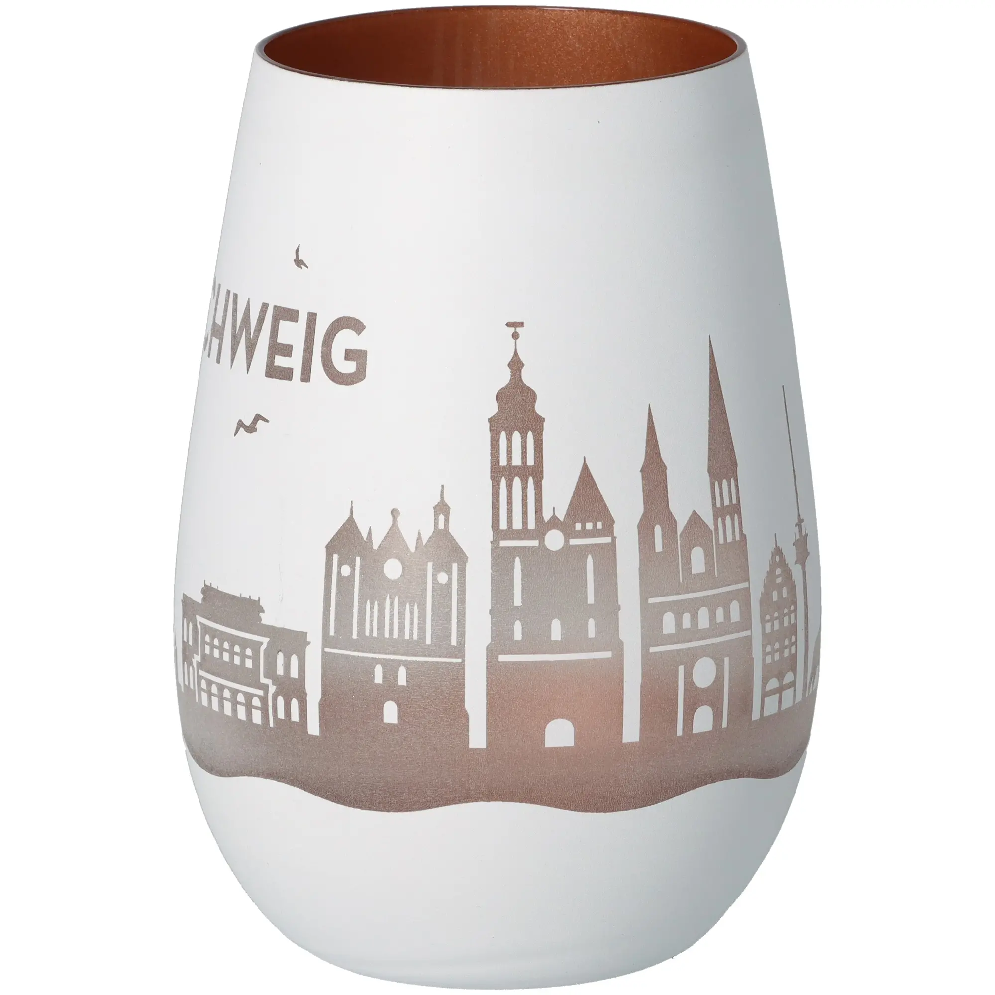 vase, Keramik, weiß, Stadtansicht, brauner Rand