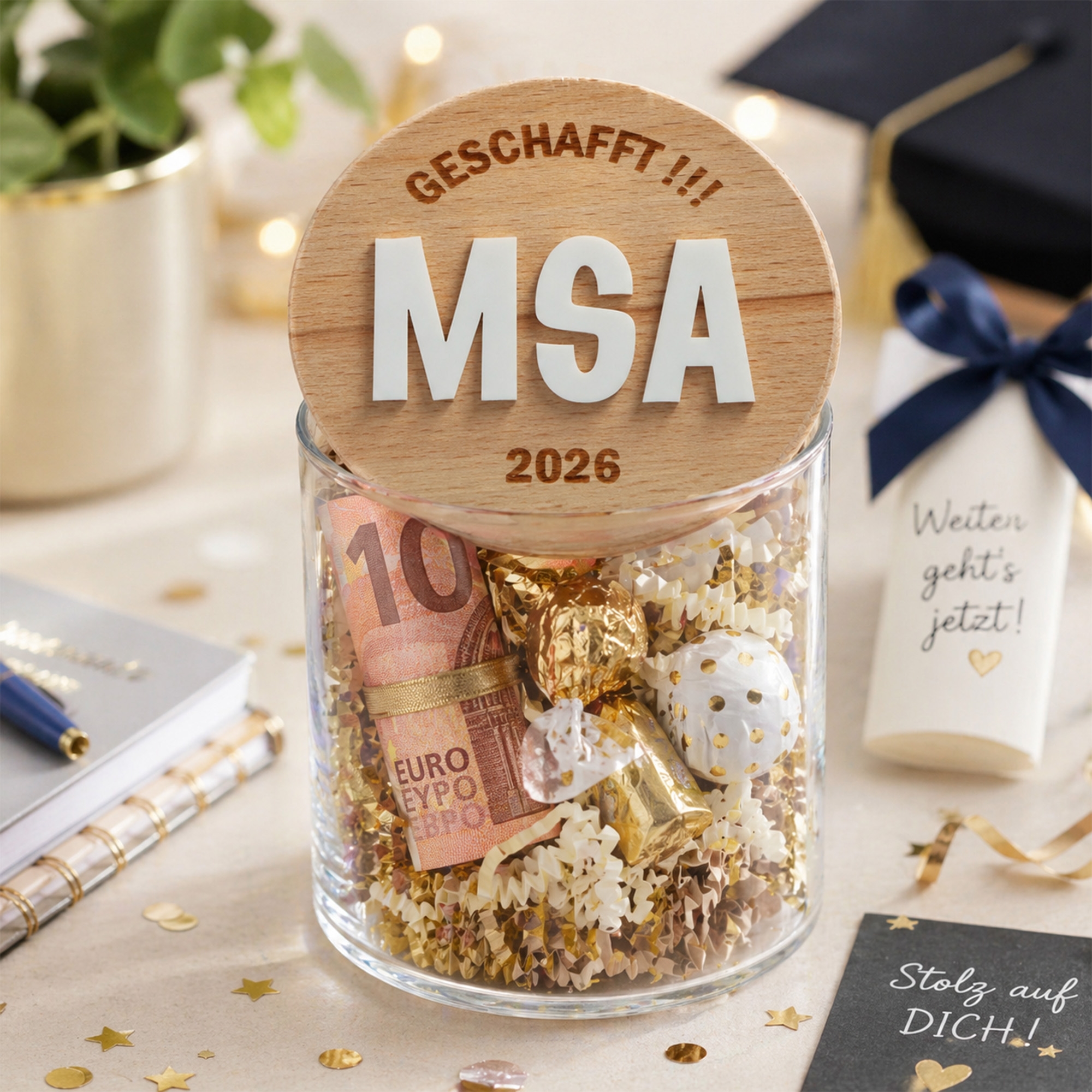 glas jar, Geldgeschenk, Konfetti, Holzdeckel, MSA 2026