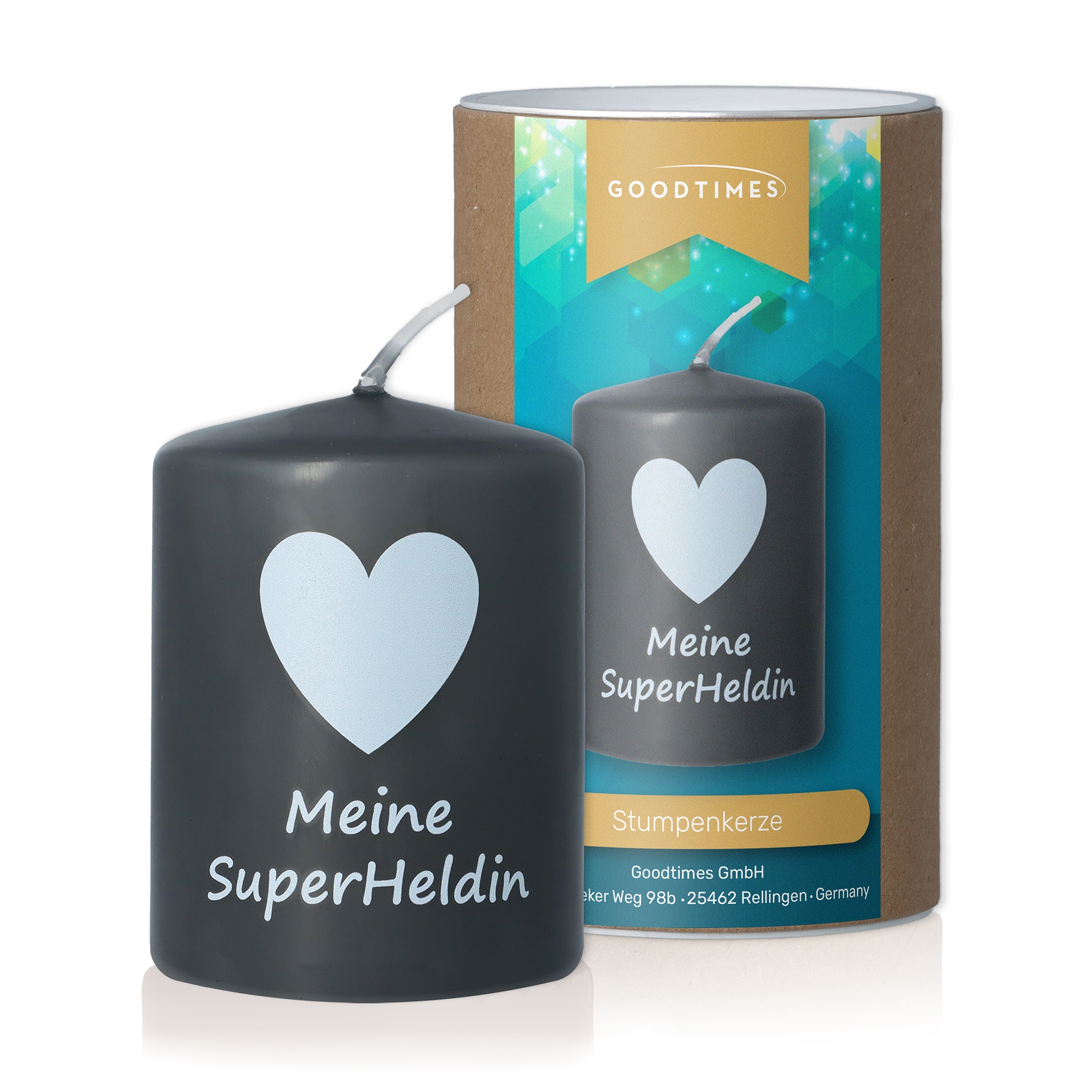 Stumpenkerze Schwarz "Meine SuperHeldin" Stumpenkerze Schwarz "Meine SuperHeldin"