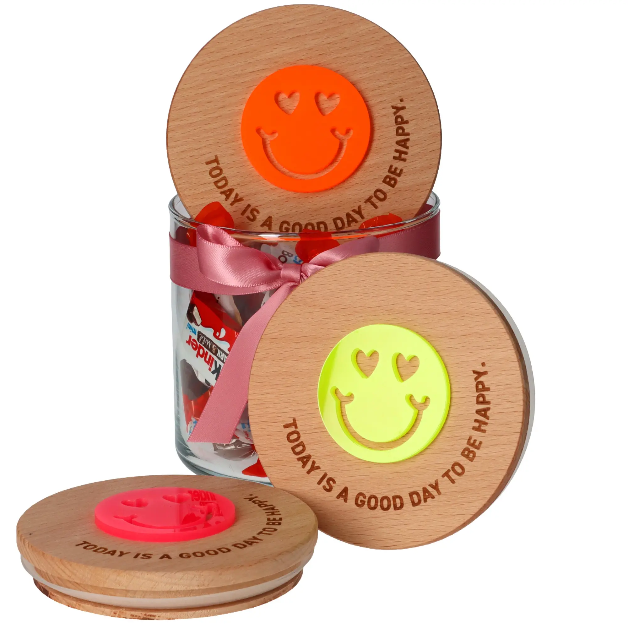 Geschenkglas "GOOD DAY" Neonorange Krug, Kopf, Person, Gesicht
