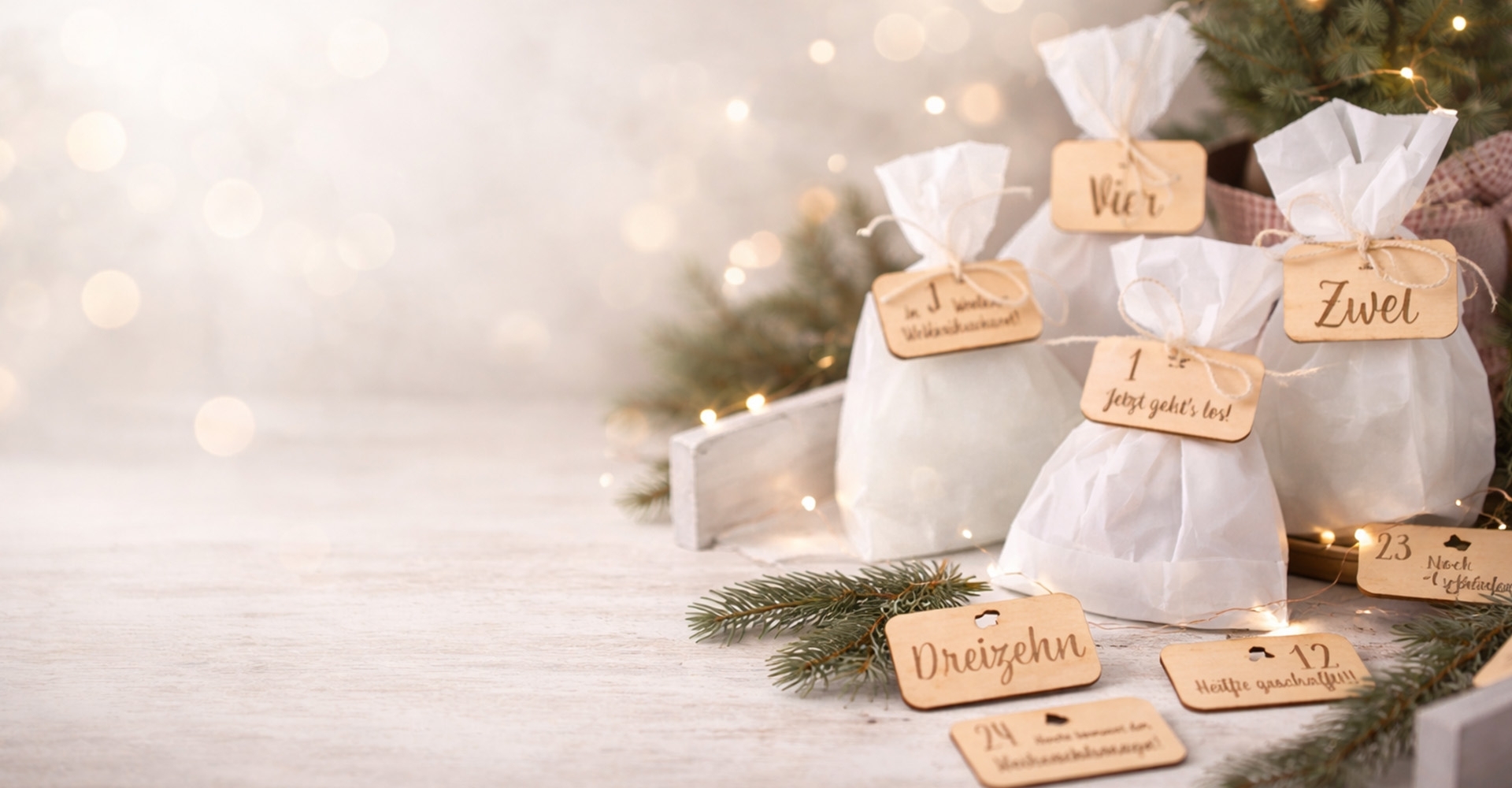 Adventskalender, Weihnachtsgeschenke, Päckchen, Holzanhänger, Tütchen