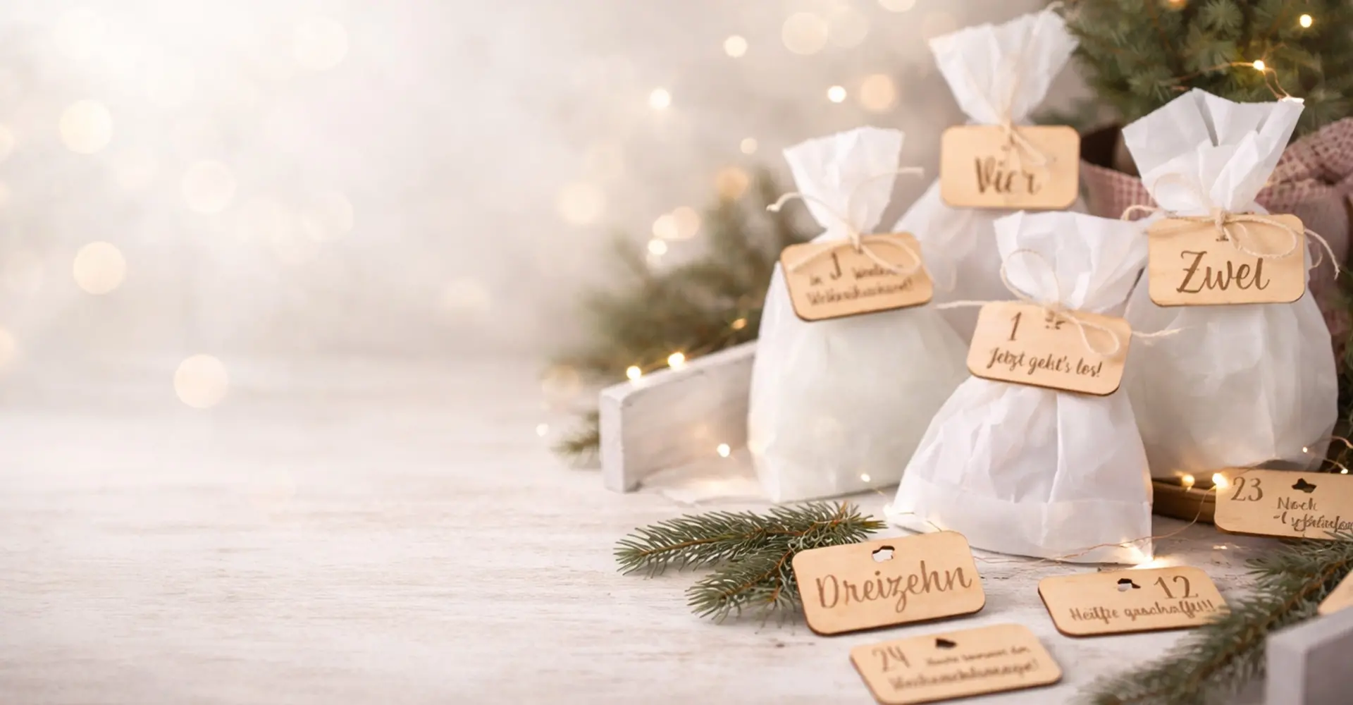 Adventskalender, Weihnachtsgeschenke, Päckchen, Holzanhänger, Tütchen