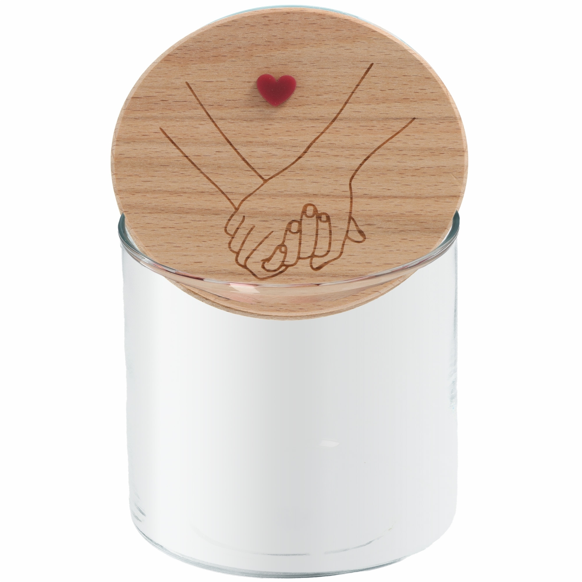 Handkerz, Holzlidd, Herzdesign, glasierte Dose, weiße Kerze