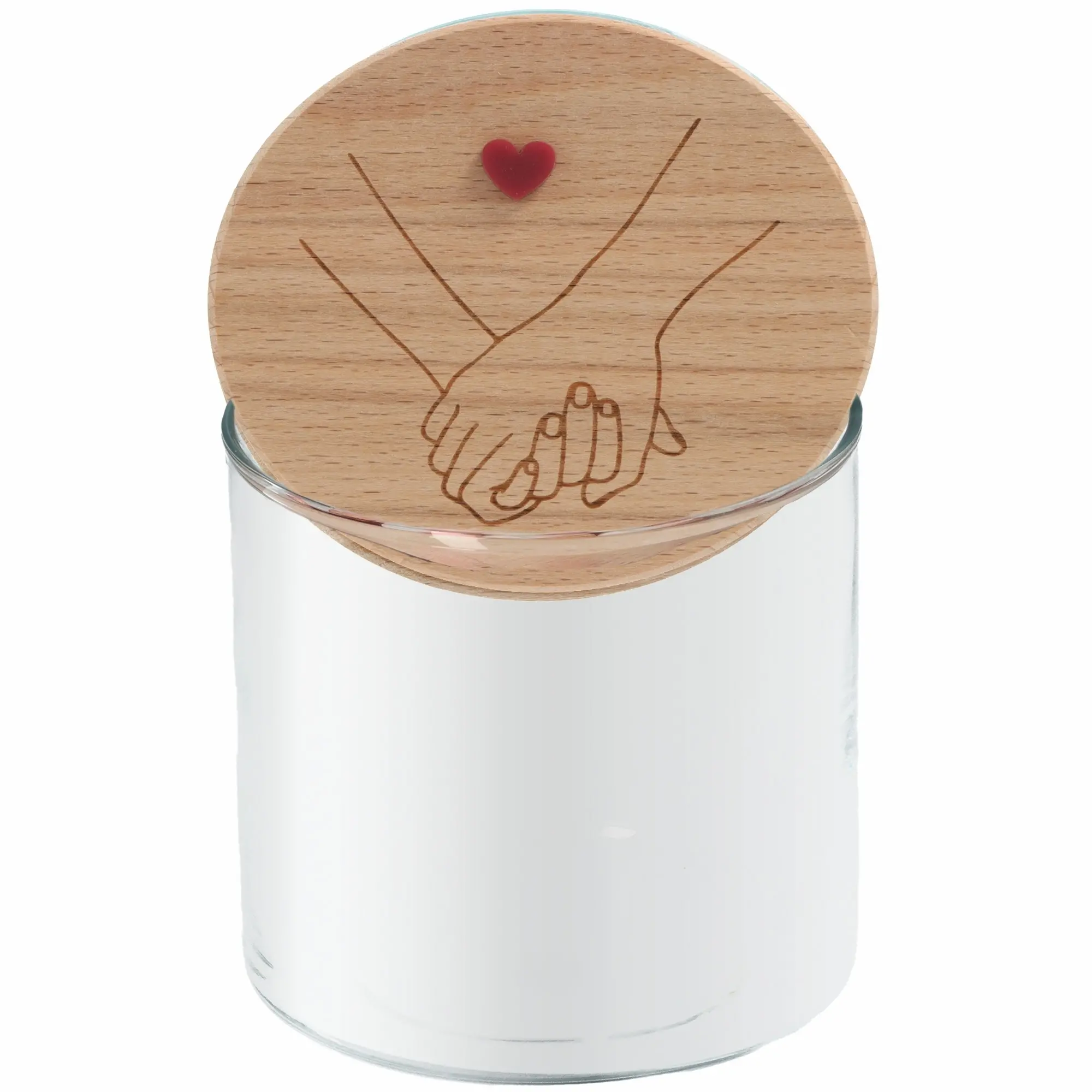 Handkerz, Holzlidd, Herzdesign, glasierte Dose, weiße Kerze