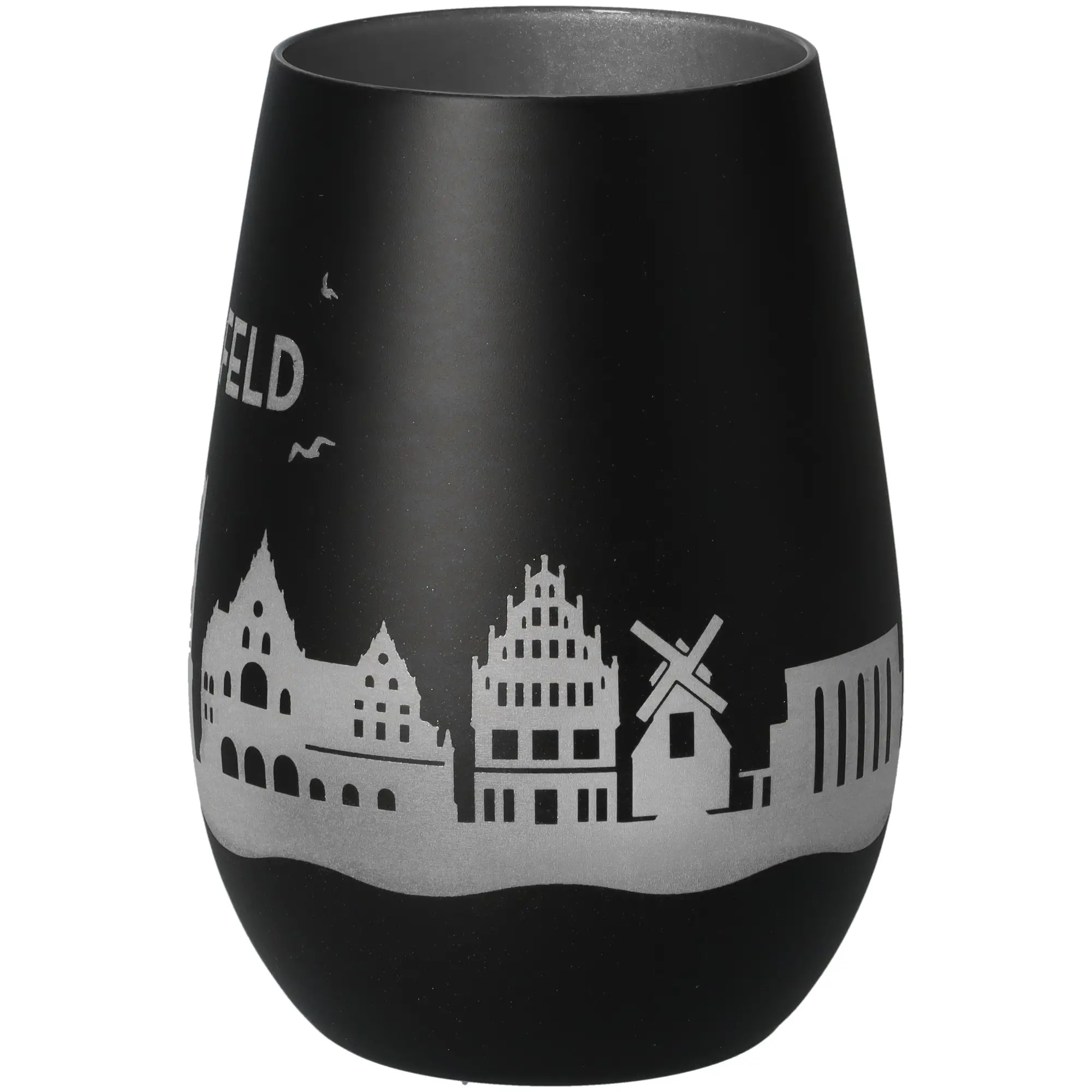 Schwarz, Becher, Vasenform, Stadtbild, Silber-Einlage