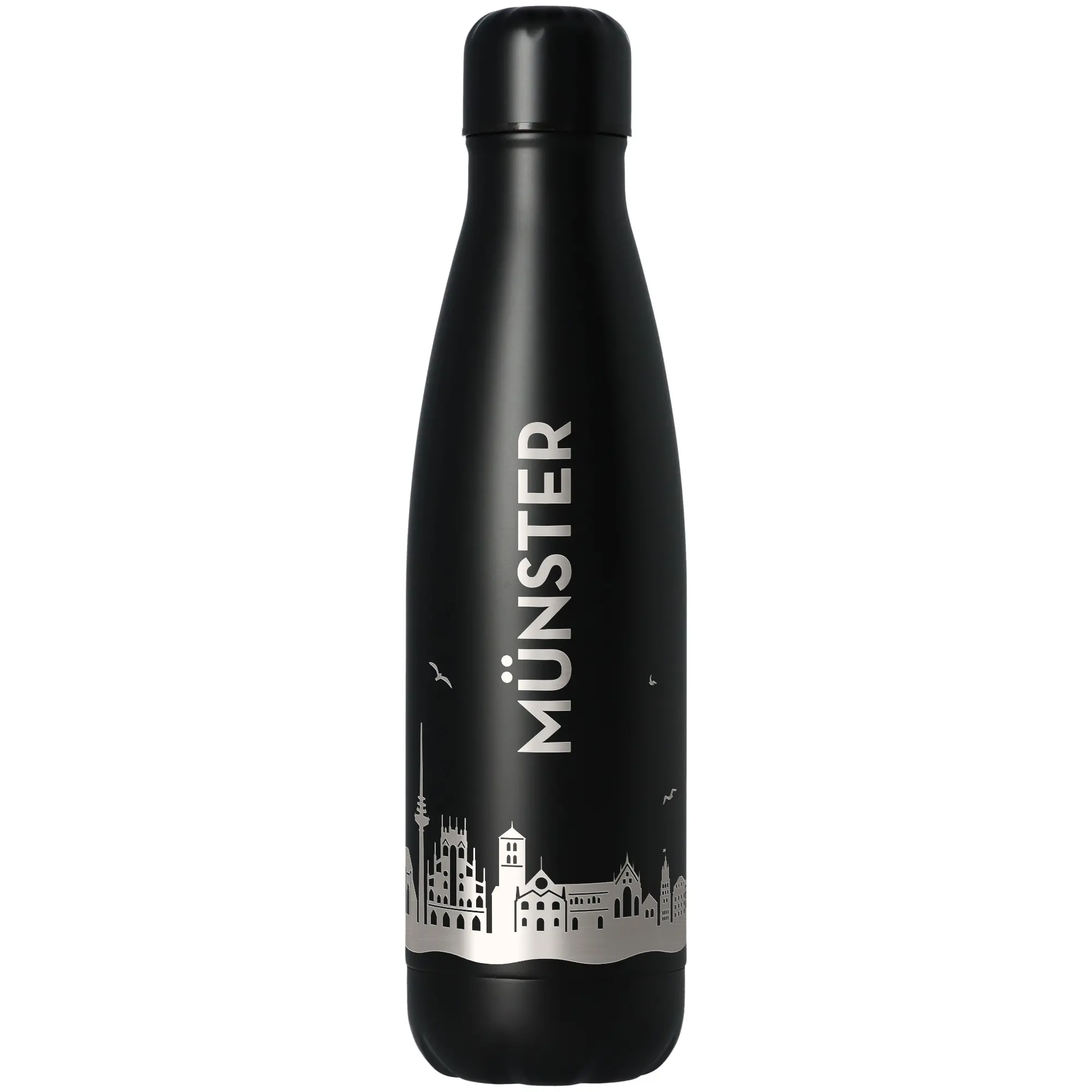 Wasserflasche, Stahl, Schwarz, Silhouette-Stadt, MÜNSTER