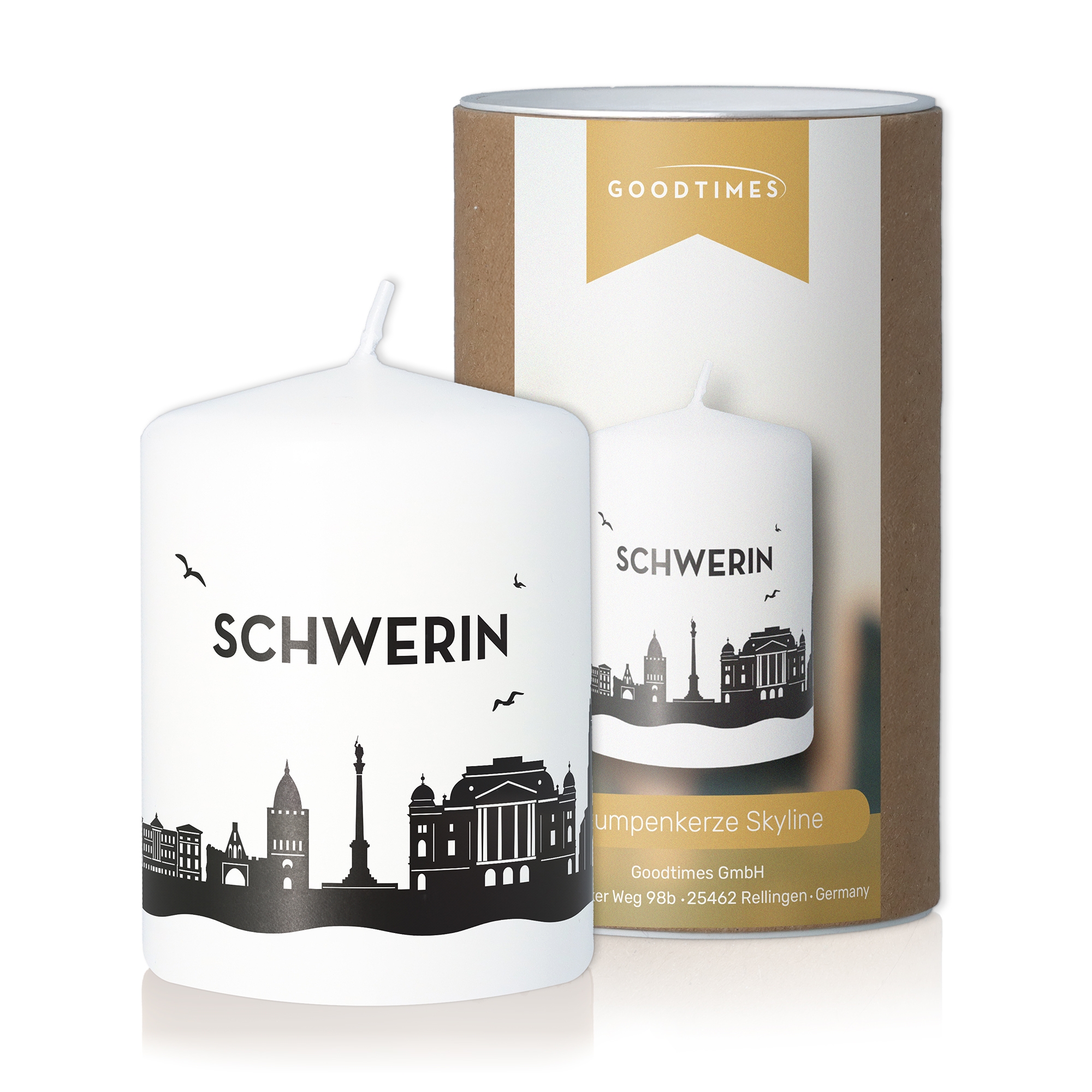 Stumpenkerze Skyline Schwerin Flasche